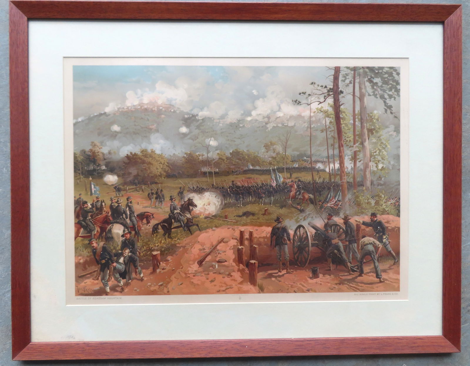 A Civil War chromolithograph titled "Battle of Kenesaw Mountain" by Prang & Co., Boston, 1887, after: A Civil War chromolithograph titled "Battle of Kenesaw Mountain" by Prang & Co., Boston, 1887, after a painting by Thure de Thulstrup - In this chromolithograph, Major General John A. Logan’s troops