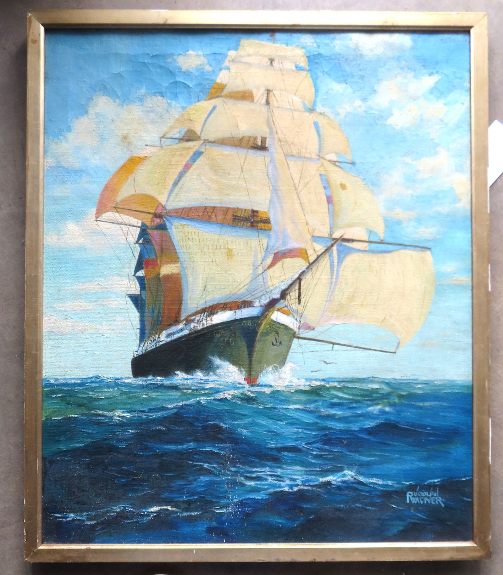 O/C Illustration sailing ship with billowing sails, signed Rudolph Wagner. Total frame size 27"W x: O/C Illustration sailing ship with billowing sails, signed Rudolph Wagner. Total frame size 27"W x 32"H.