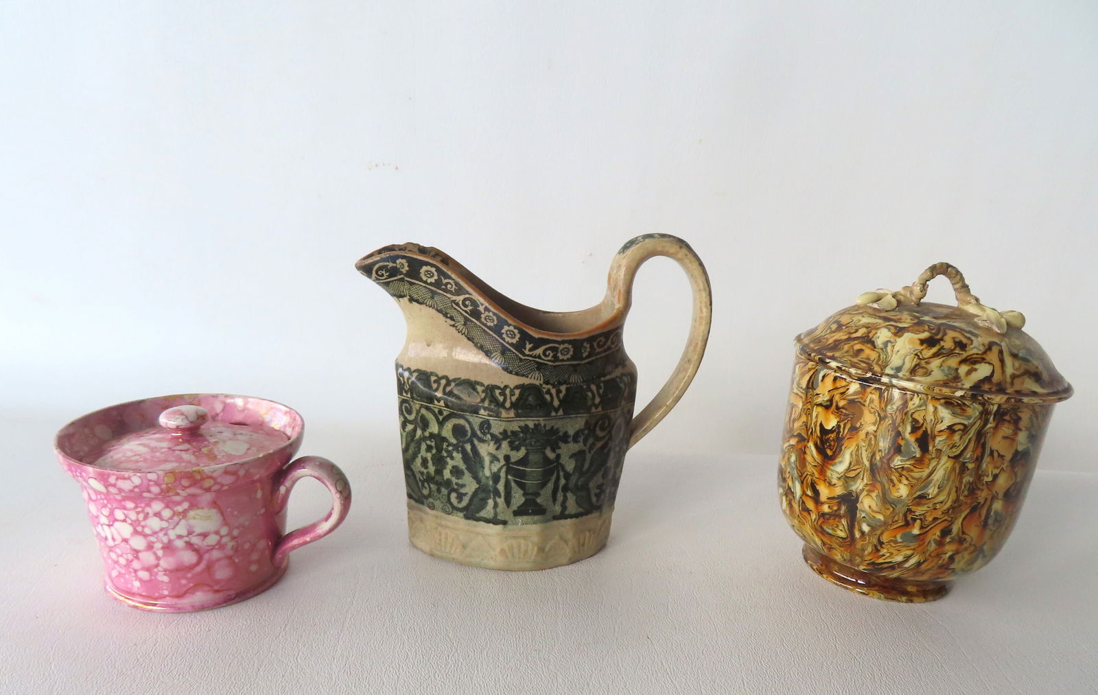Three pieces of early pottery including: Pink spatterware covered cup - 3"diameter x 2 1/2"H - very (1 of 15)