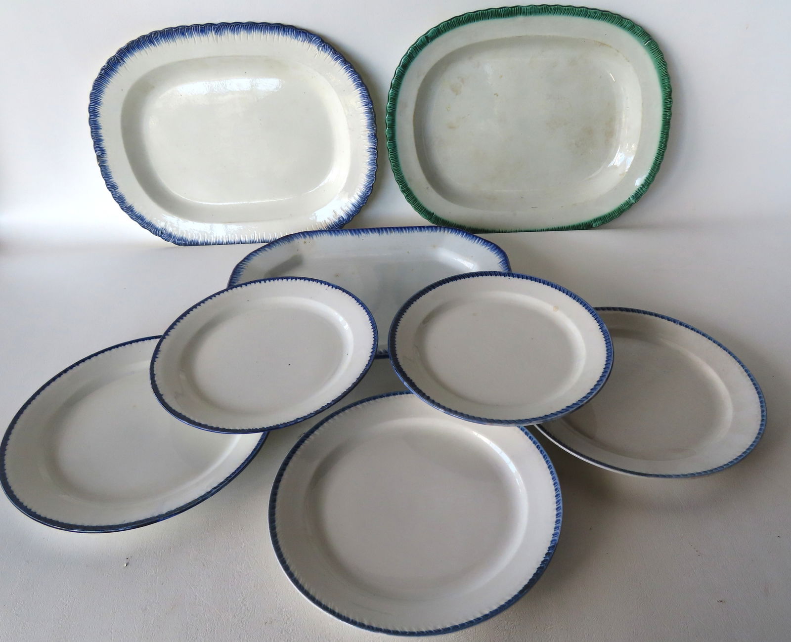 Three Leeds feather edge platters and 5 blue feather edge dinner plates. Two of the platters, with (1 of 13)