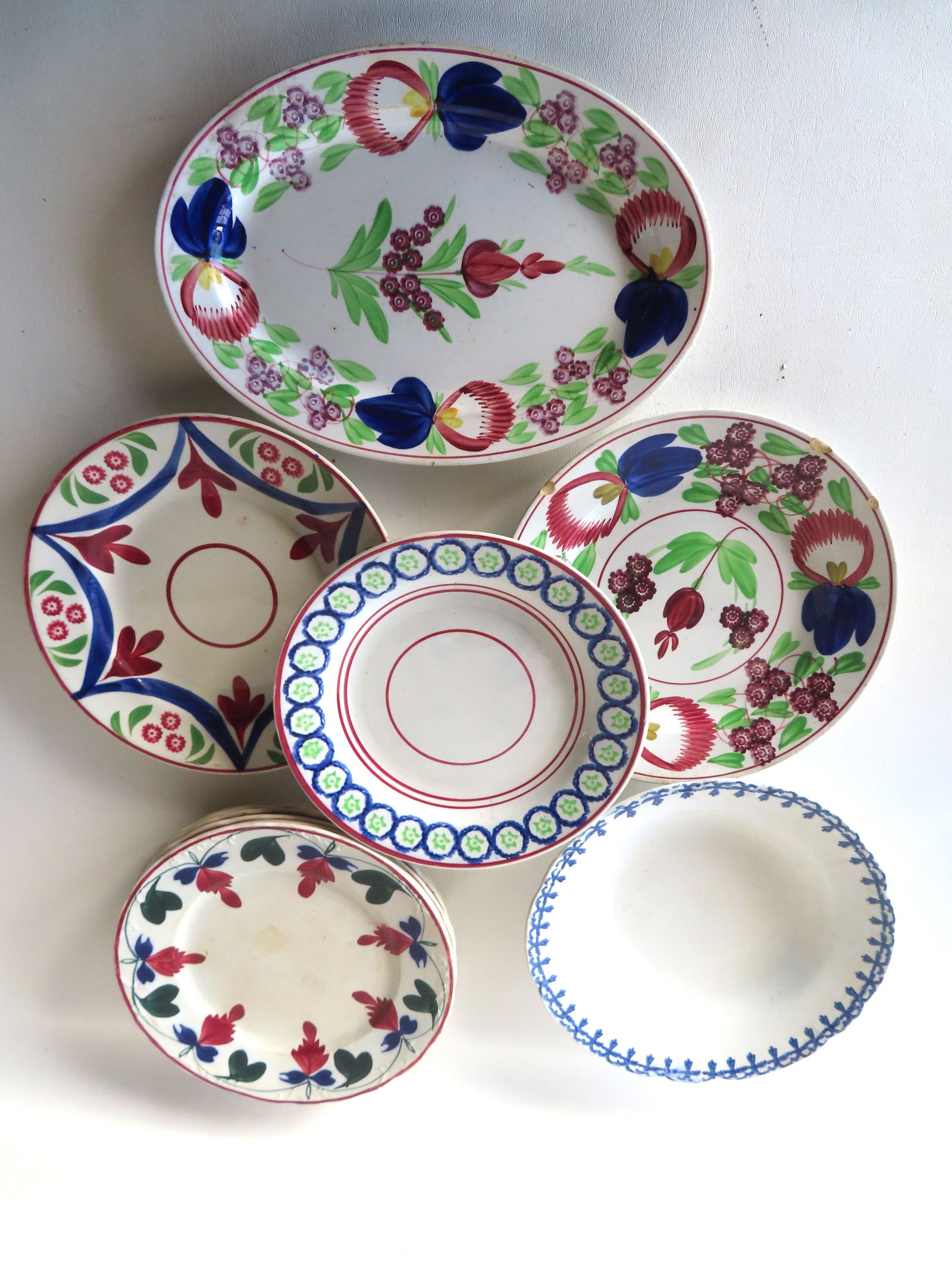A grouping of 10 hand painted soft paste plates and platter, including: 6 matching English plates - (1 of 10)