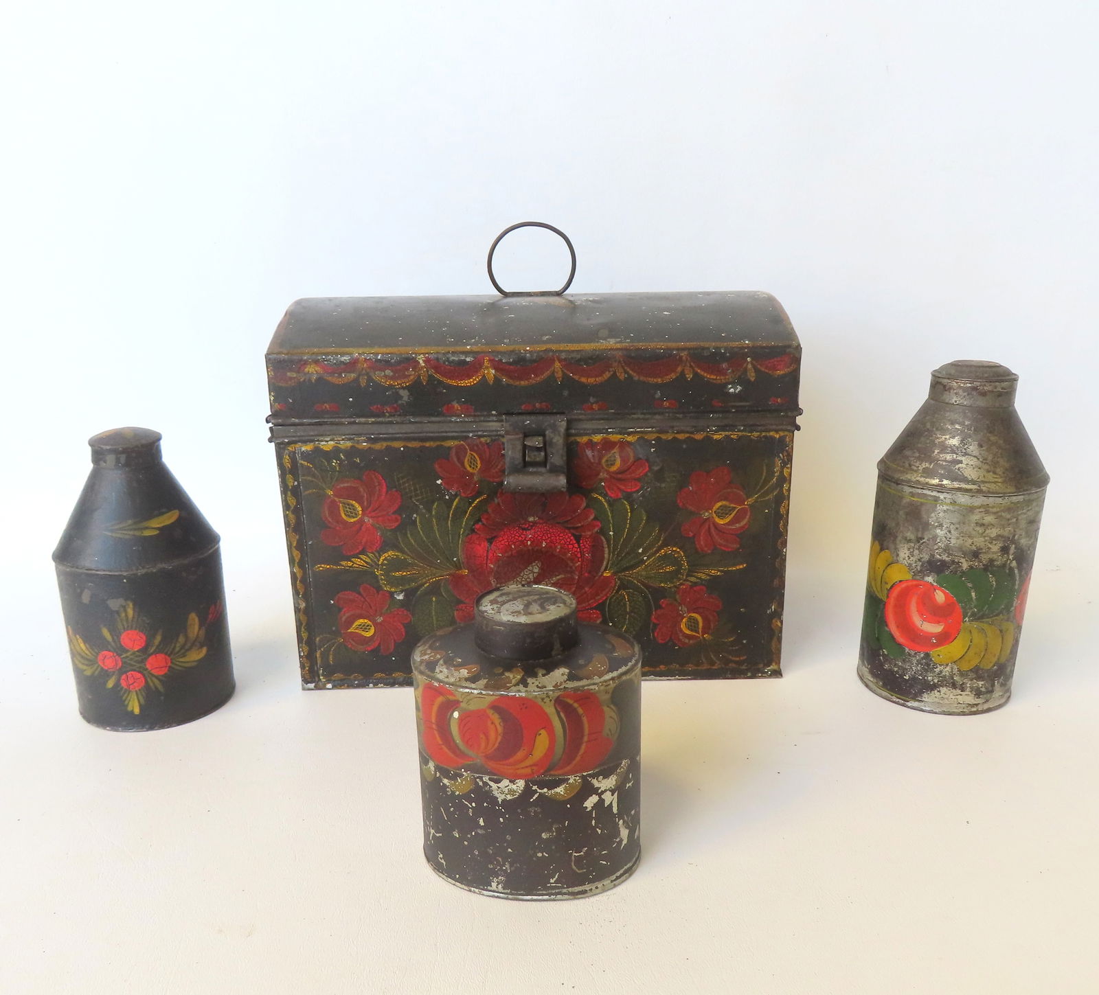 Grouping of 4 pieces of hand painted American 19th century toleware in original paint, to include: A (1 of 10)