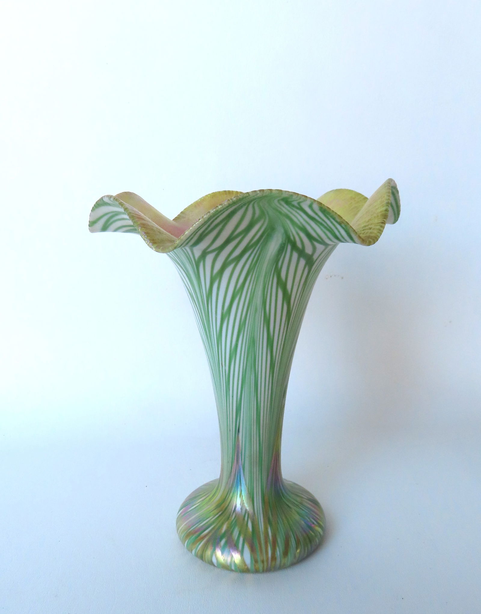 A Quezal ruffled edge trumpet vase, signed on base "Quezal 557" and also etched in small numbers (1 of 6)