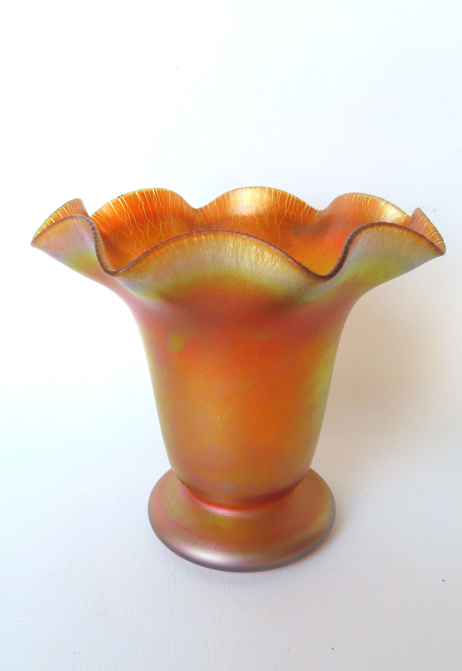 A Quezal deep gold iridescent vase with scalloped rim - measures 6 1/2"H x 7"W - very good (1 of 4)