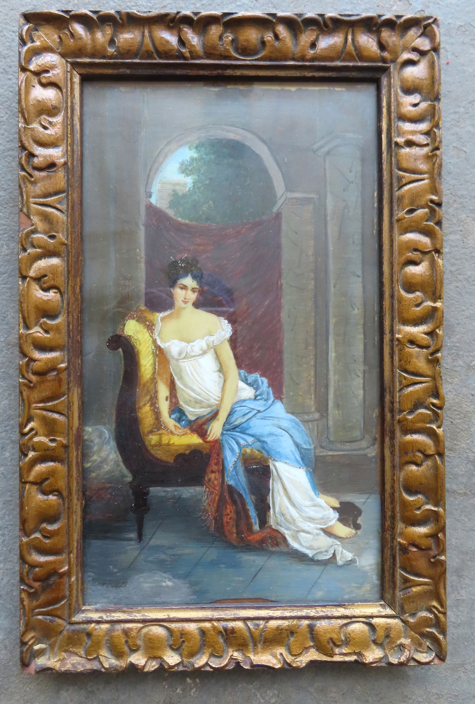 O/B Depicting a classical lady seated in a Sheraton Recamier in a palatial setting. The painting is (1 of 3)