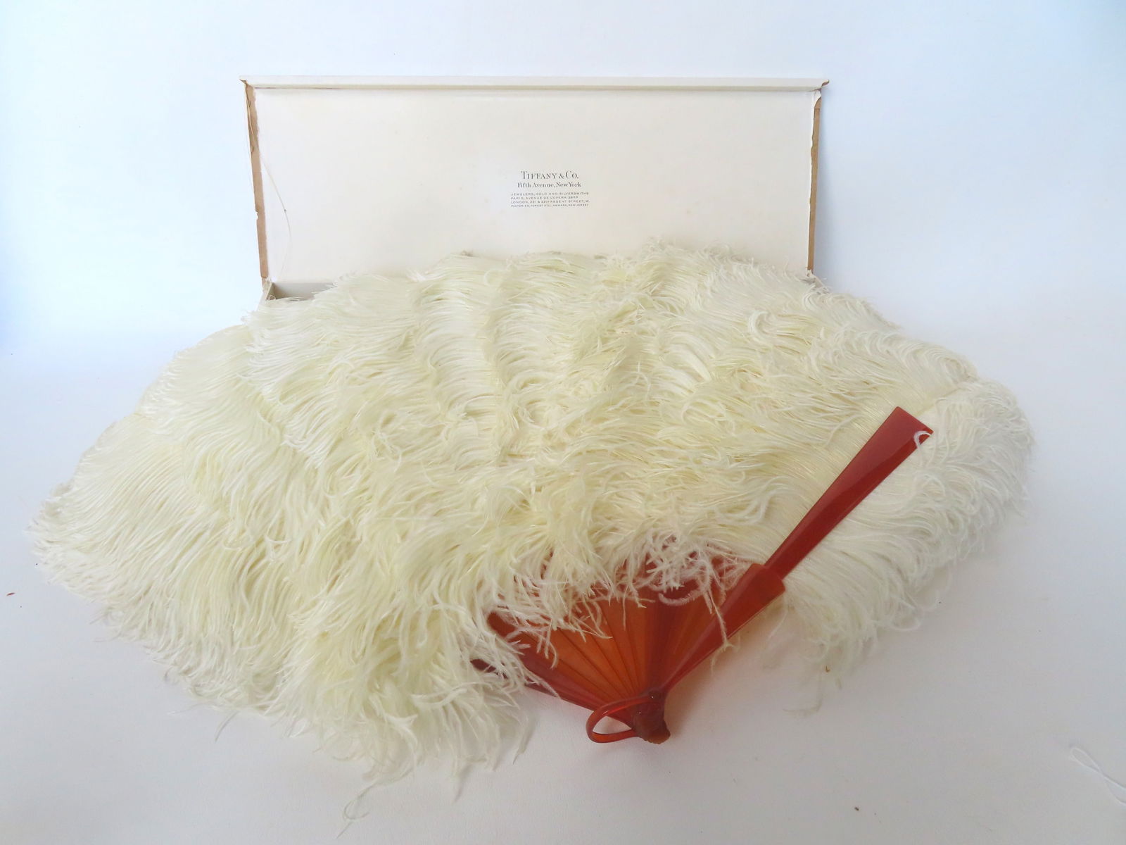 A large ostrich feather fan with Bakelite fingers, and housed in the original Tiffany & Co.: A large ostrich feather fan with Bakelite fingers, and housed in the original Tiffany & Co. cardboard box - near excellent condition - measures 17"L x 7"W in closed position and 32"W in open position