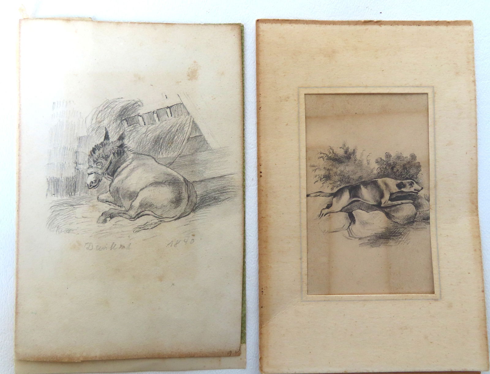 Two miniature unframed graphite drawings of animals, early to mid 19th century. The first a resting: Two miniature unframed graphite drawings of animals, early to mid 19th century. The first a resting burro, signed illegibly and dated 1840 - very good condition; the second, a leaping dog (possibly by
