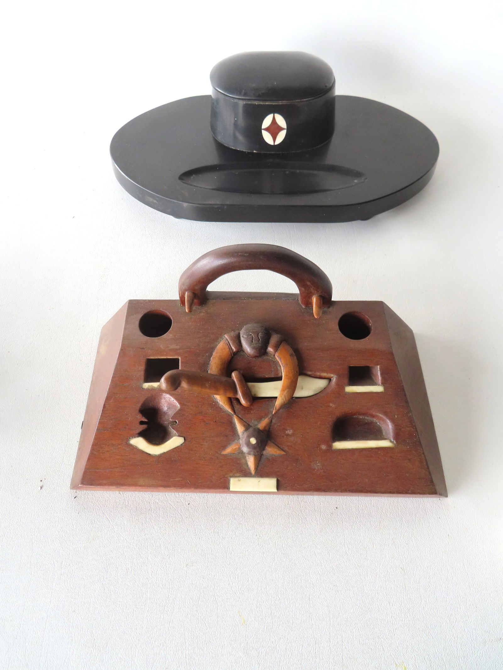 Two unusual desk sets, late 19th century. The first, a Shriners fraternal organization's in black: Two unusual desk sets, late 19th century. The first, a Shriners fraternal organization's in black walnut and bone - missing all inserts except the carved wooden letter opener - note the applied cresce