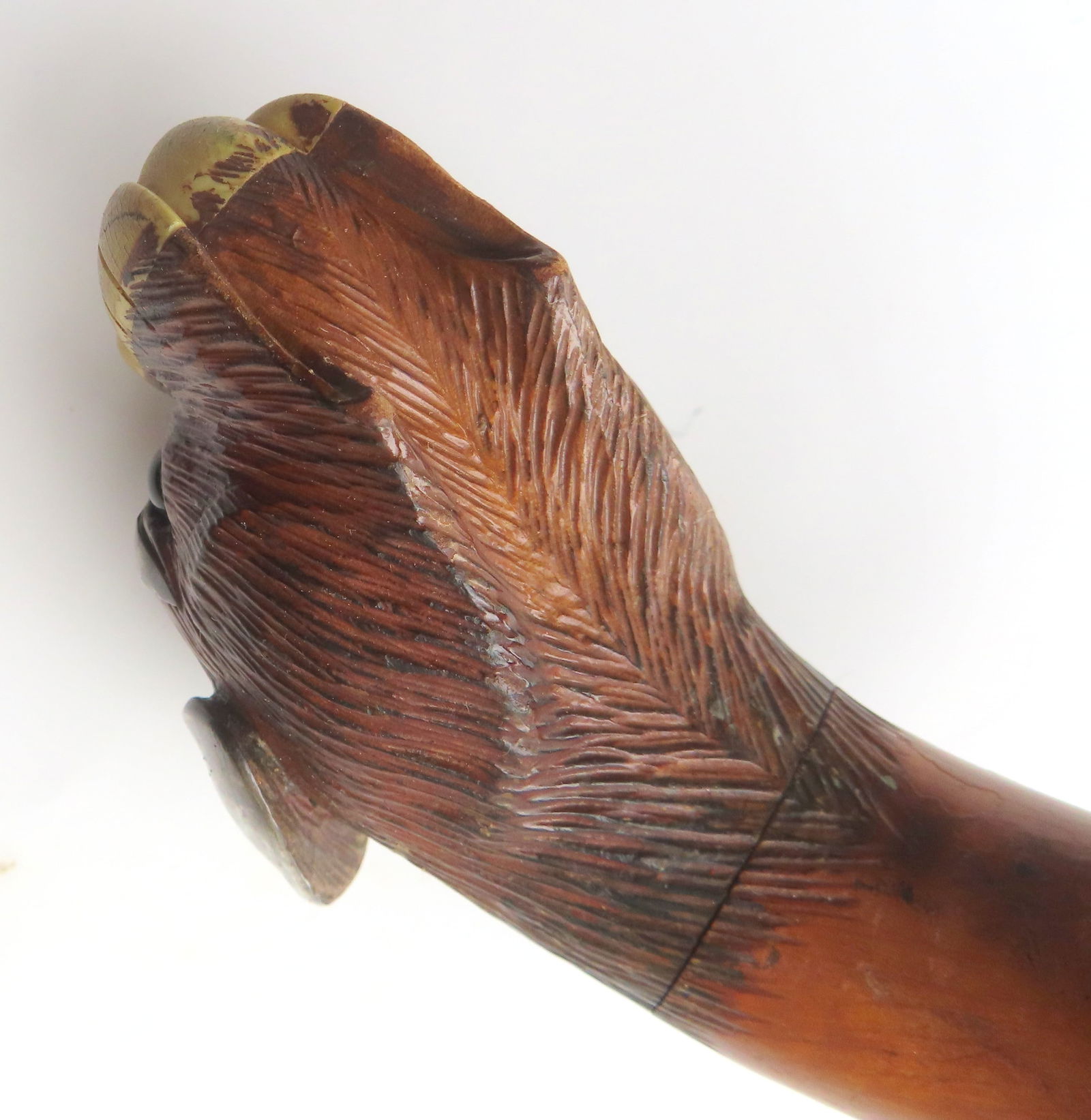 A wooden walking stick, having a carved wooden Boxer dog head handle with silver ears and silver - 3
