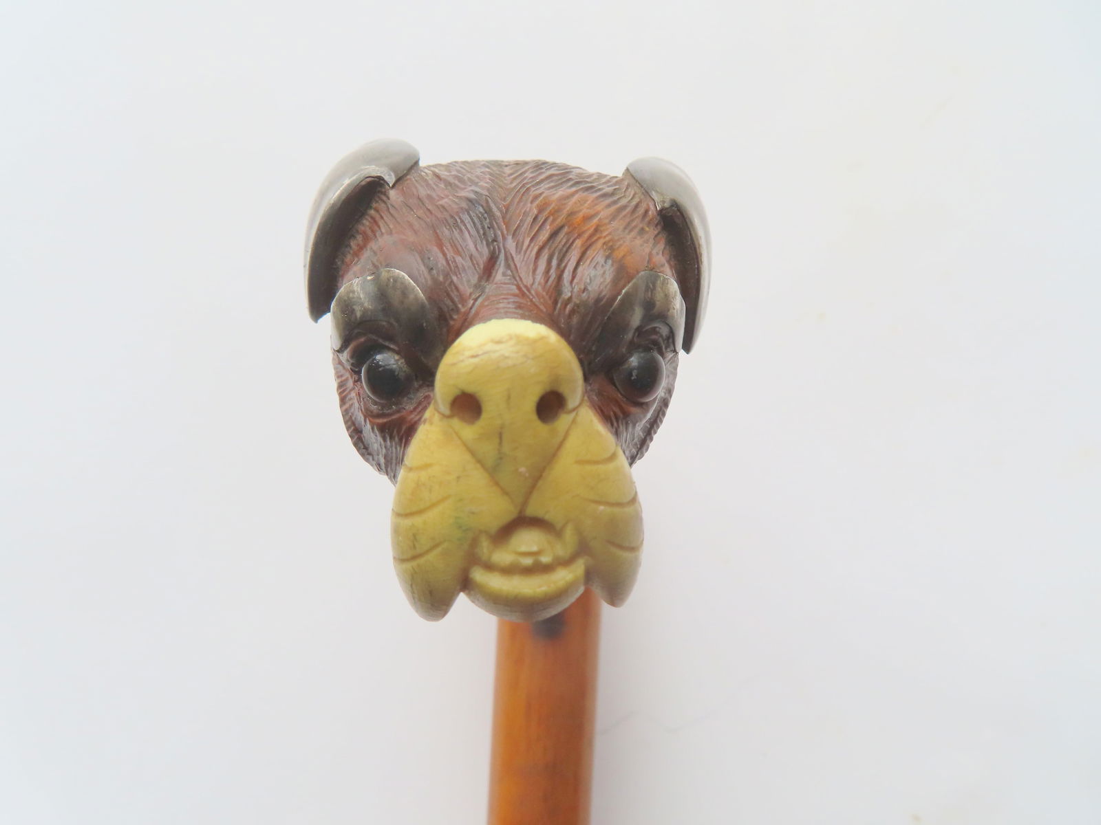 A wooden walking stick, having a carved wooden Boxer dog head handle with silver ears and silver - 5