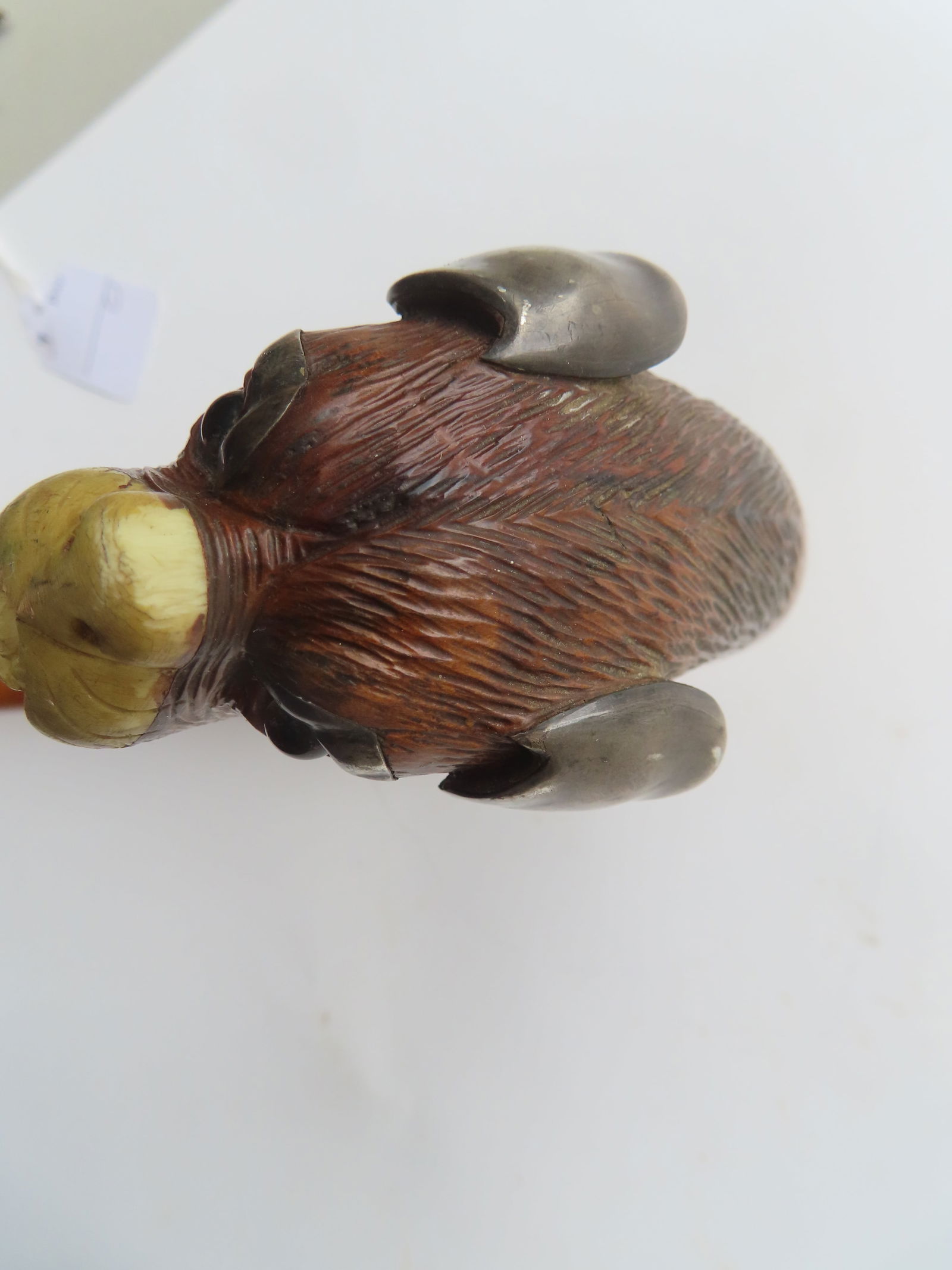 A wooden walking stick, having a carved wooden Boxer dog head handle with silver ears and silver - 6