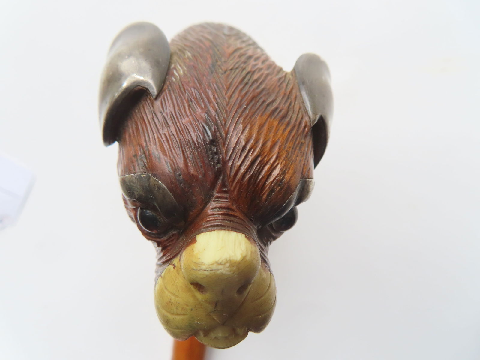 A wooden walking stick, having a carved wooden Boxer dog head handle with silver ears and silver - 7