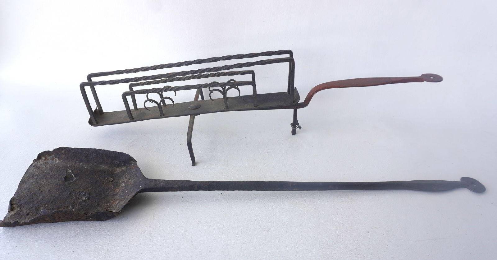 Two early hand forged iron hearth tools, 18th/19th century including a very fine iron revolving (1 of 6)