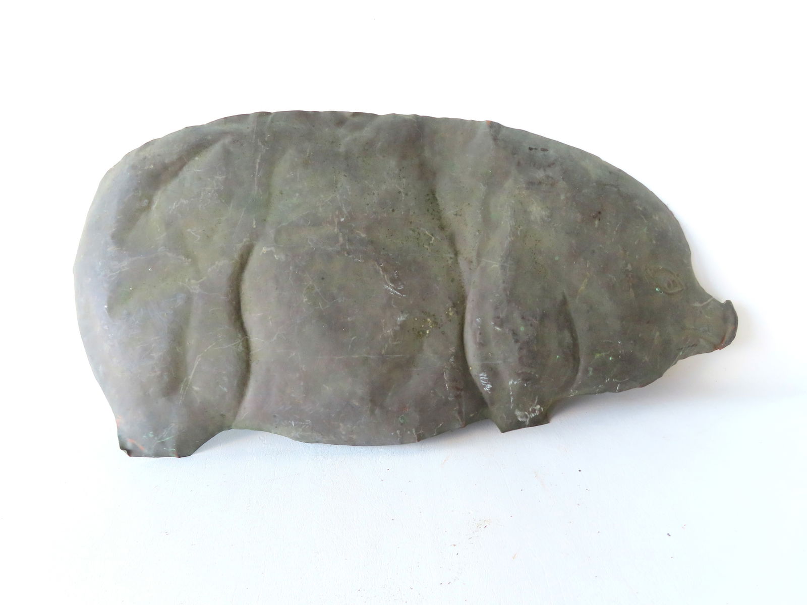 One half of a sheet copper patinated pig weather vane, probably early to mid 20th century - good: One half of a sheet copper patinated pig weather vane, probably early to mid 20th century - good condition - no sign of it ever having a tail - dome dings but overall good condition. Measures 28"L x 1