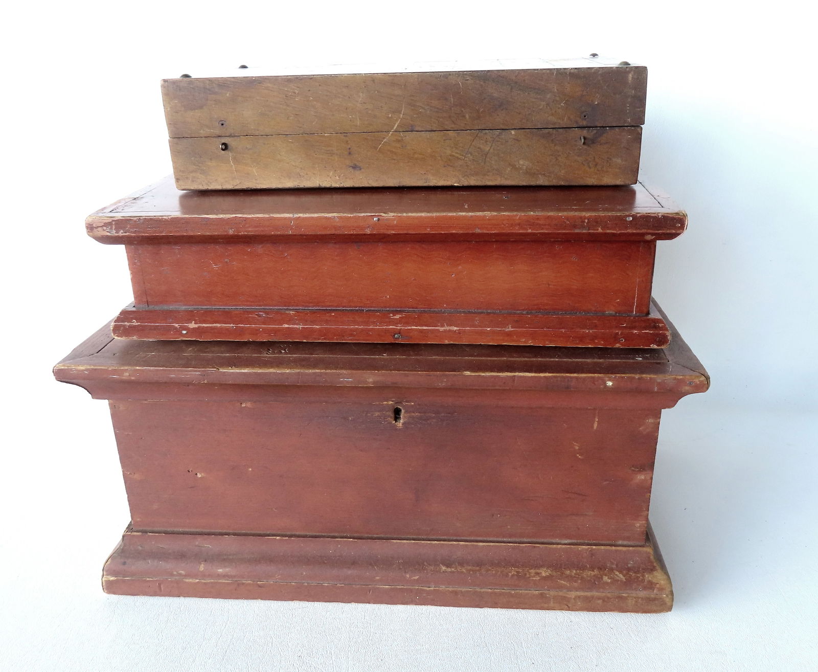 Two small early lift top document boxes in original paint, together with a folding game board. The (1 of 15)