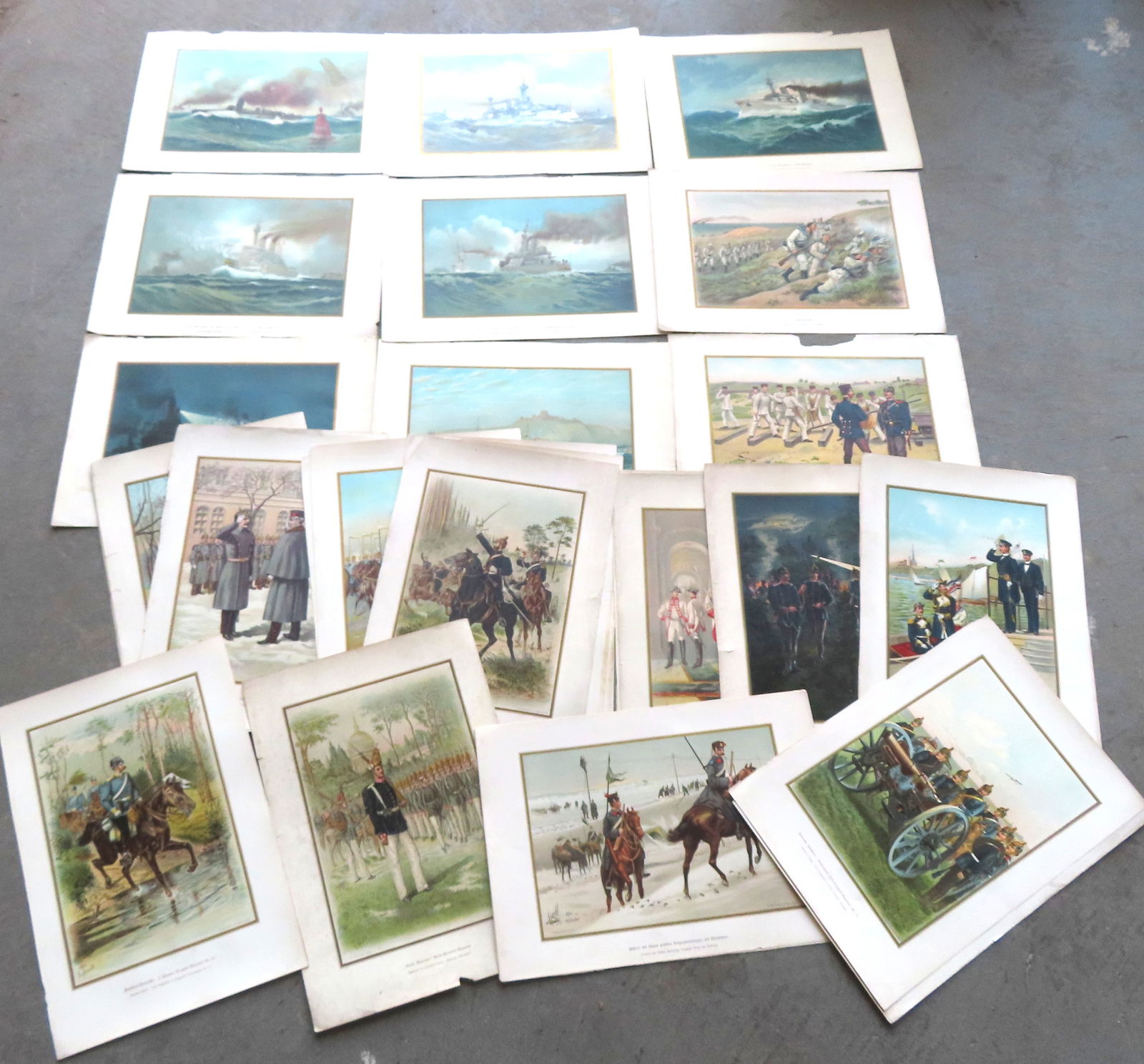 Grouping of 36 chromolithographs of German soldiers (29) & battleships (7), circa 1900 - many are: Grouping of 36 chromolithographs of German soldiers (29) & battleships (7), circa 1900 - many are battle scenes. They were published by the Werner Company, Akron Ohio in 1899. Most with edge wear and