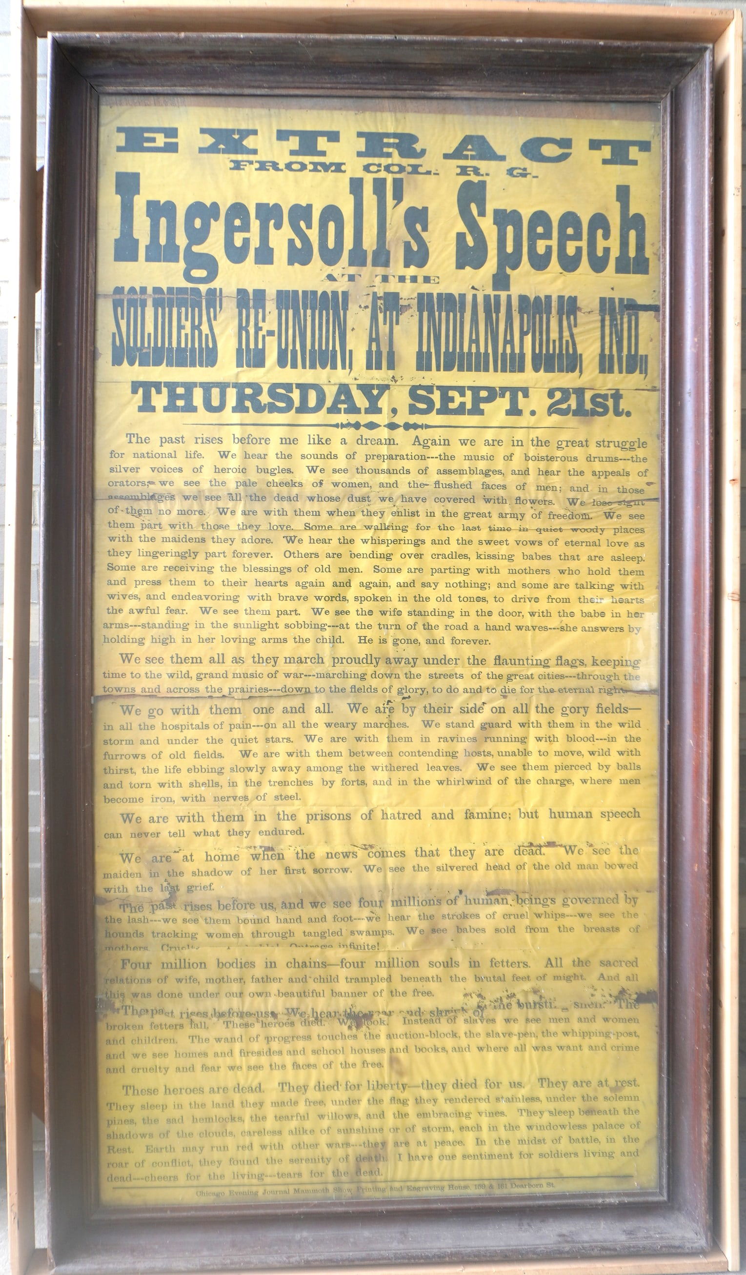 A very large Ingersoll's Civil War reunion speech, paper broadside in 3 sections, titled "Extract: A very large Ingersoll's Civil War reunion speech, paper broadside in 3 sections, titled "Extract from Col. R. G. Ingersoll's Speech at Soldier's Reunion At Indianapolis Ind. / Thursday , Sept. 21 St.