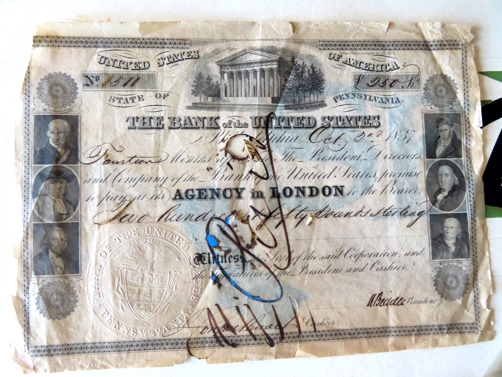 An 1837 Bank of the United States financial (stock) certificate from Philadelphia Pennsylvania (1 of 3)