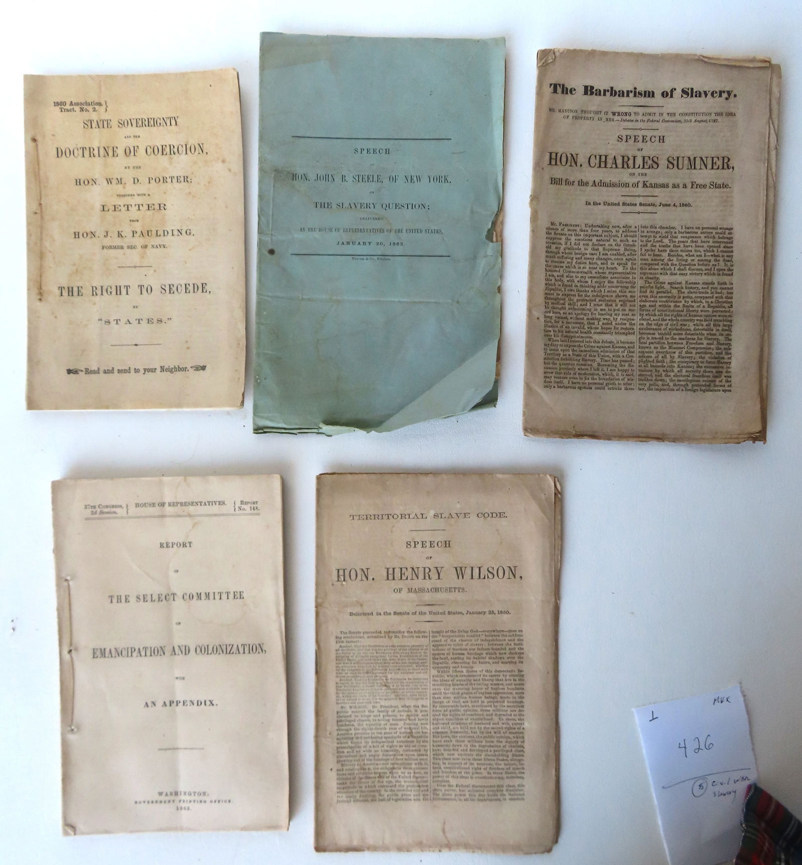 Five historically important Civil War era documents relating to slavery, including: Pamphlet titled (1 of 6)