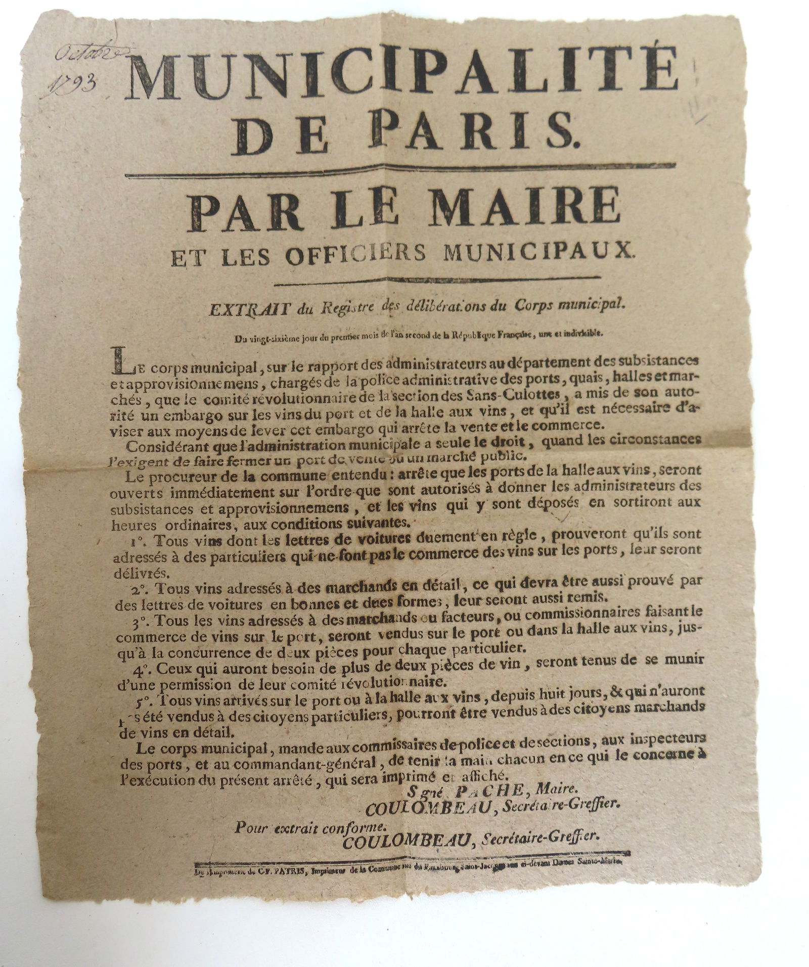 A 1793 French broadside titled "Municipalite De Paris. / Par Le Maire / Et Les Officiers: A 1793 French broadside titled "Municipalite De Paris. / Par Le Maire / Et Les Officiers Municipaux. Extrait du registre des deliberations du corps municipal", translates "Municipality of Paris. By th