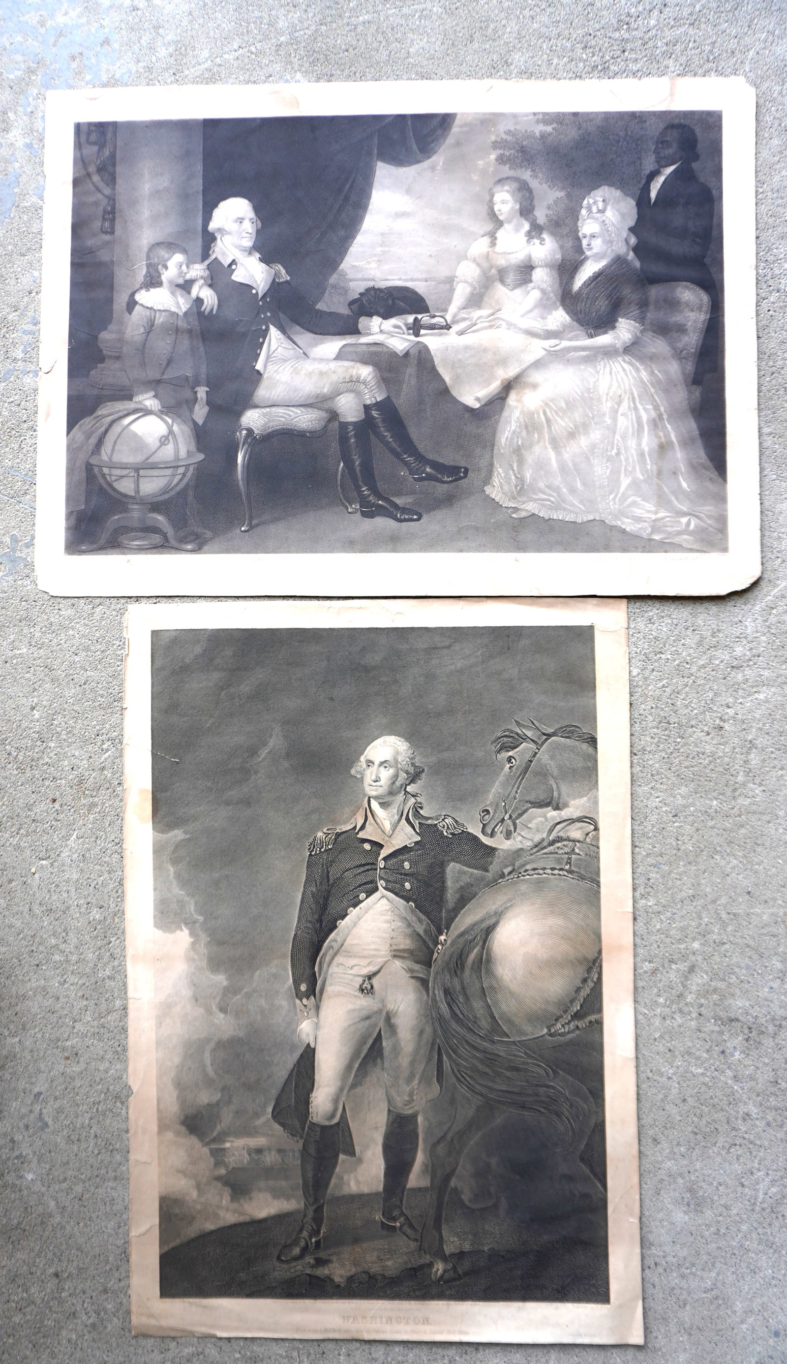 Two historical George Washington engravings. The first an image of Washington standing with horse: Two historical George Washington engravings. The first an image of Washington standing with horse after a painting by GILBERT STUART (AMERICAN, 1755-1828) , engraved by T. Kelly, published by the Fran