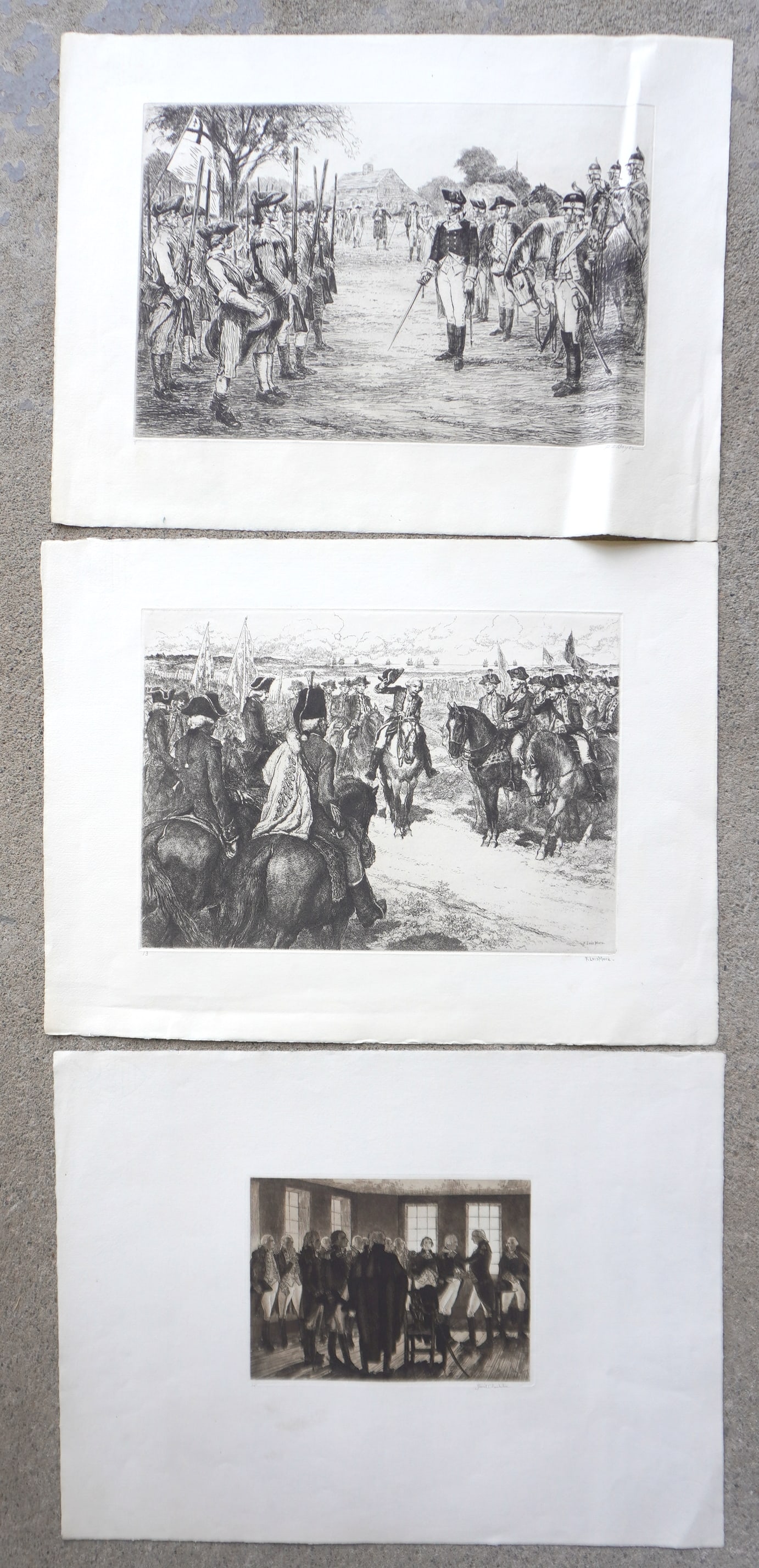 Three etchings related to George Washington from the Bicentennial Pageant of George Washington: Three etchings related to George Washington from the Bicentennial Pageant of George Washington portfolio, circa 1932 - all with "GW" & Washington coat of arms watermarks, each artist signed in pencil,