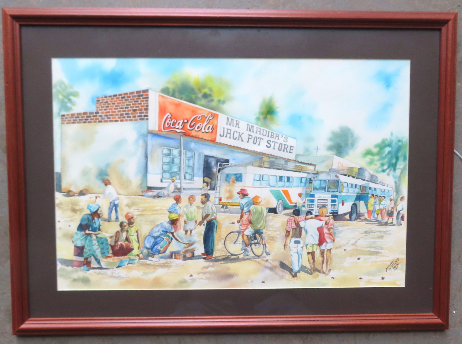 W/C Genre scene with tourist buses parked in from of country store with sign that reads "Coca Cola /: W/C Genre scene with tourist buses parked in from of country store with sign that reads "Coca Cola / Madiba's Jack Pot Store" with African American figures selling goods outdoors to tourists. Total fr