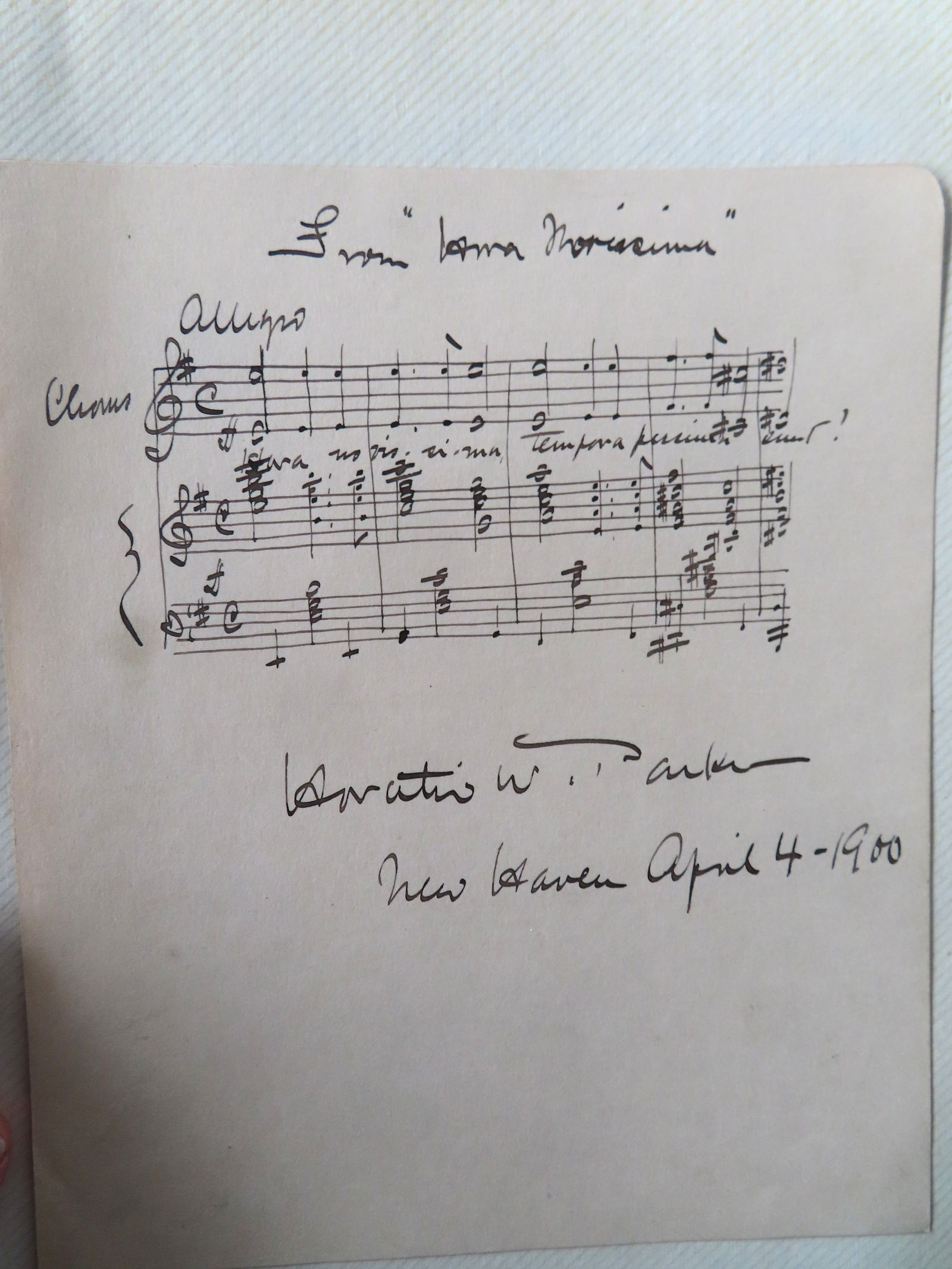 Horation William Parker, New Haven CT, 1863-1919. A pen & ink autographed musical score signed by: Horation William Parker, New Haven CT, 1863-1919. A pen & ink autographed musical score signed by Horatio W. Parker, New Haven, April 4, 1900. He was an American composer, organist and teacher and was