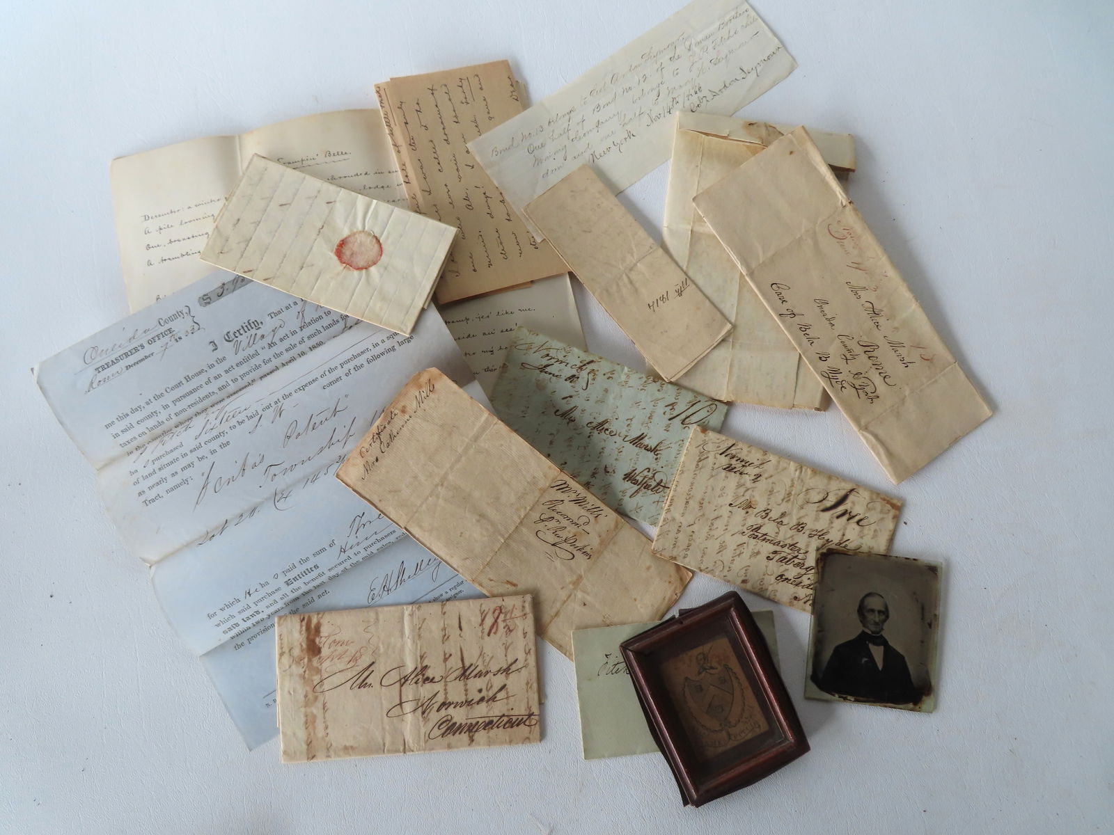Grouping of early ephemera, some related to the Fitch family, including: Unframed ambrotype of a (1 of 17)