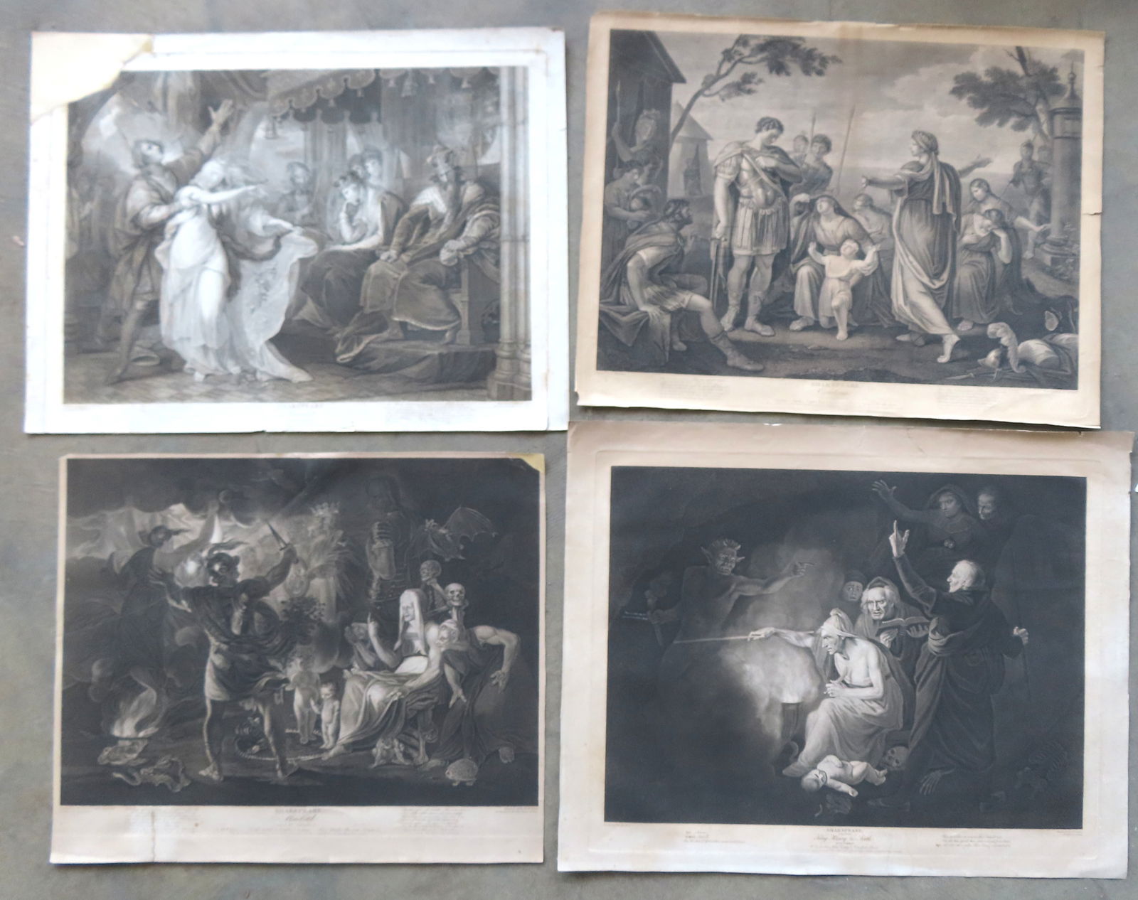 Four early William Shakespeare engravings, probably late 18th to early 19th century. The Hamlet: Four early William Shakespeare engravings, probably late 18th to early 19th century. The Hamlet engraving with loss upper left corner and with small repair bottom center; the King Henry engraving with