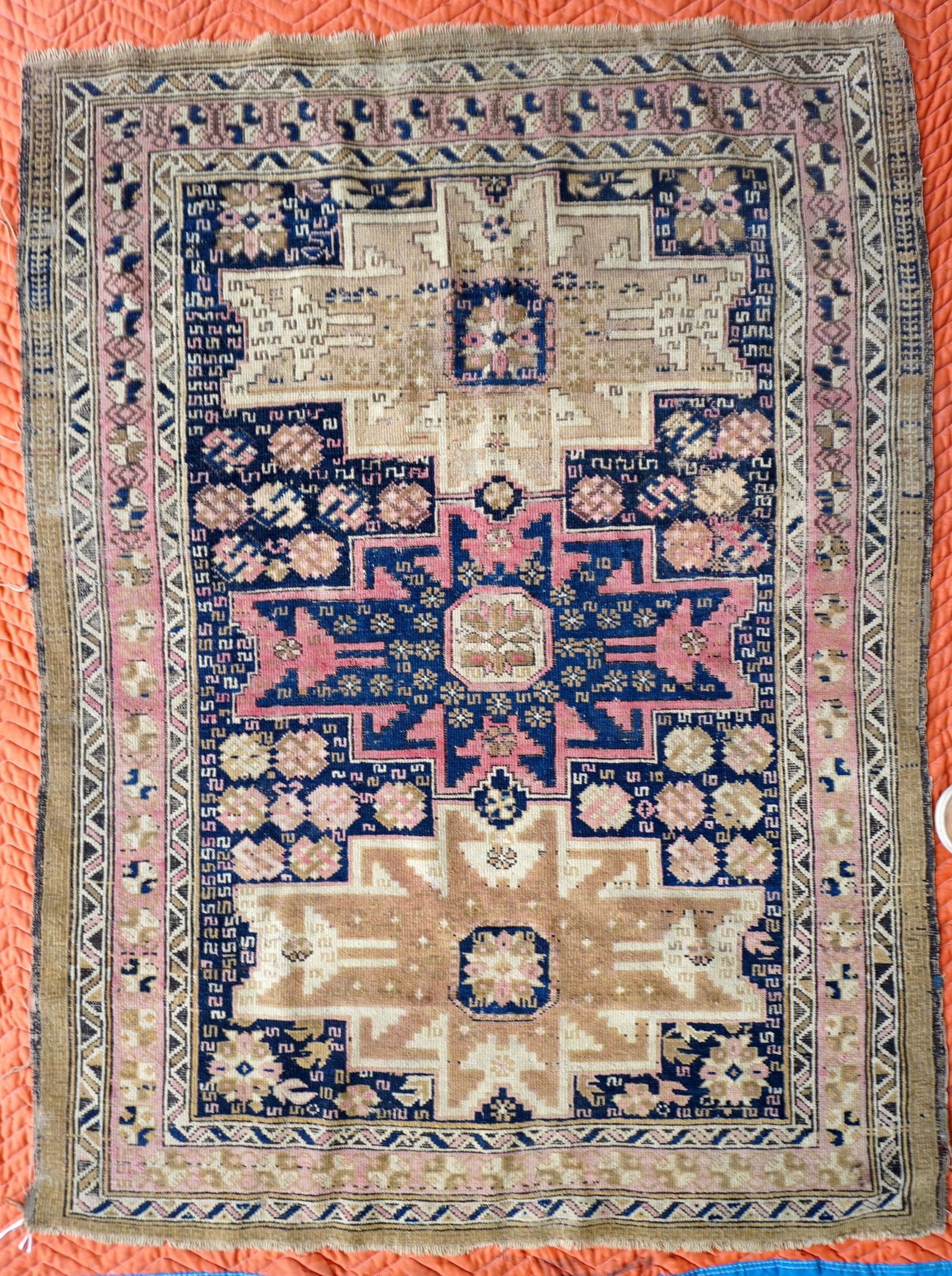 An oriental scatter rug, low pile, very tightly hand knotted, late 19th century - use wear, but (1 of 7)