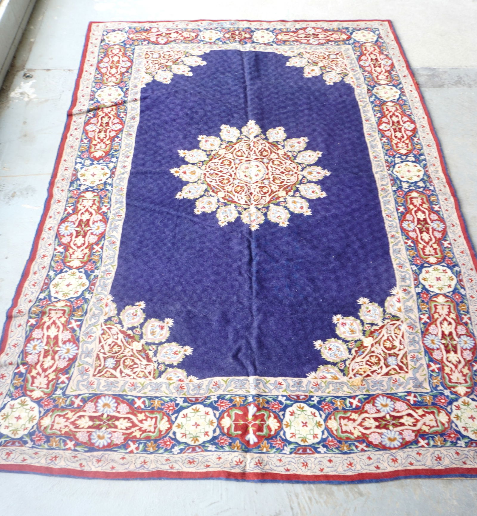 A very fine hand embroidered crewel work rug/tapestry, probably Kashmiri Valley (tag marked Made in (1 of 10)