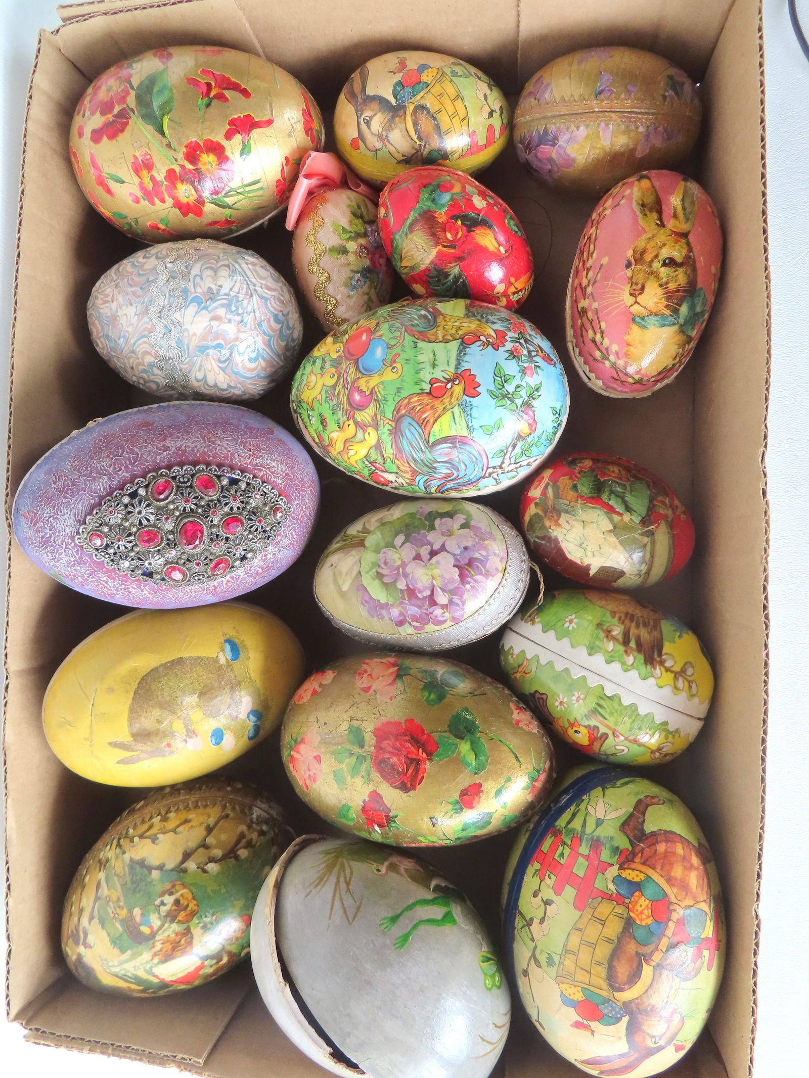 Grouping of 17 colorful paper mache and cardboard Easter eggs, most wrapped in lithographed paper, s (1 of 11)