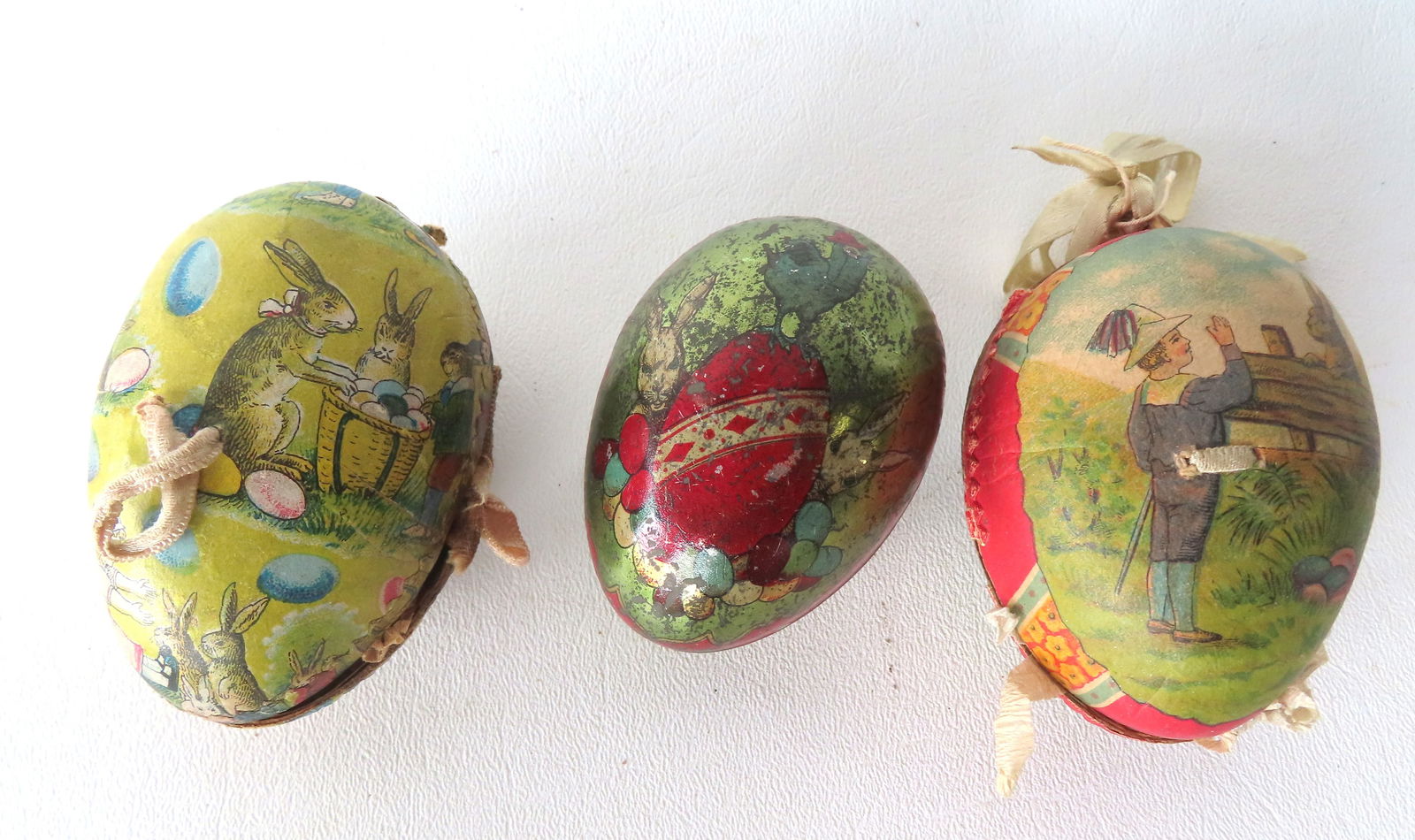 Three vintage Easter eggs including: Two unusual German cardboard eggs covered with lithographed pap (1 of 6)