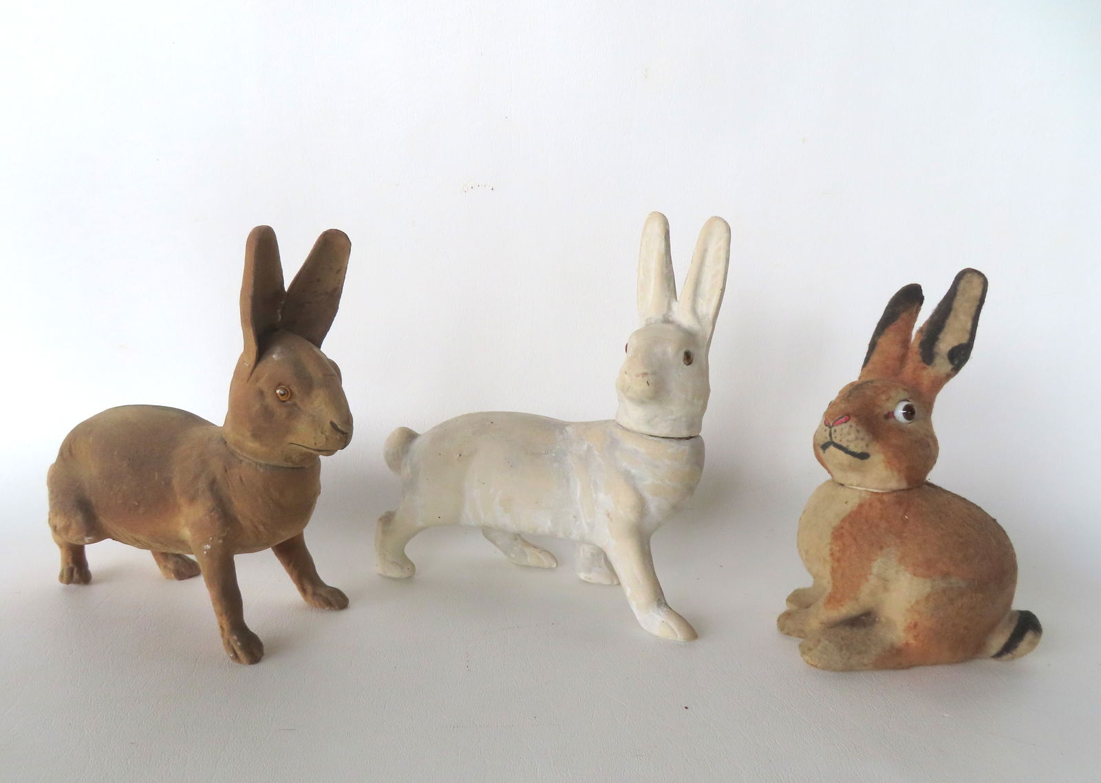 Three German paper mache, chalkware and felt, Easter candy containers in the form of rabbits, all wi (1 of 13)