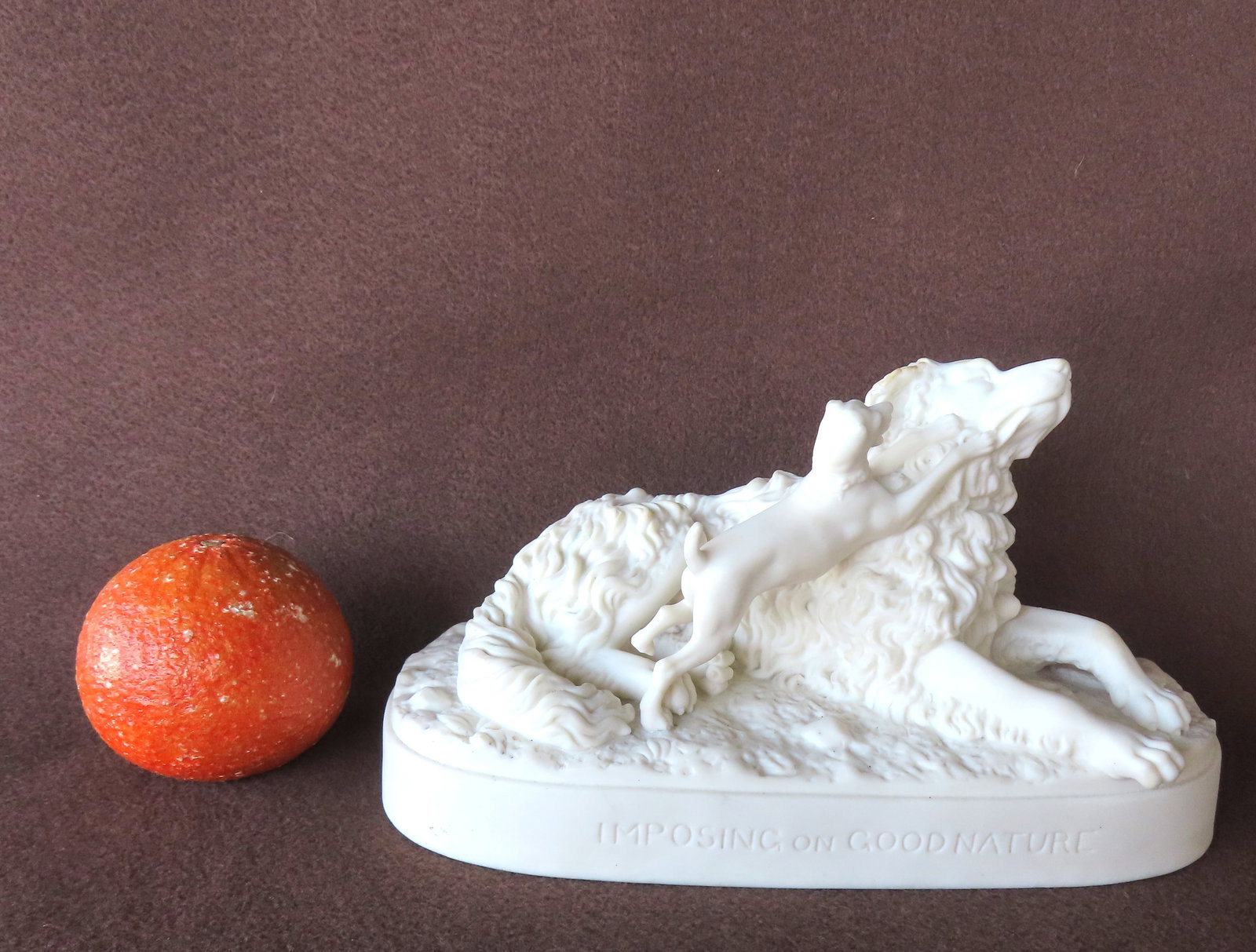 Daniel Chester French, 1850-1931, born in New Hampshire and active in Massachusetts & NY. A parian p: Daniel Chester French, 1850-1931, born in New Hampshire and active in Massachusetts & NY. A parian porcelain sculpture depicting a Terrier dog teasing a resting Retriever, titled "Imposing On Good Nat