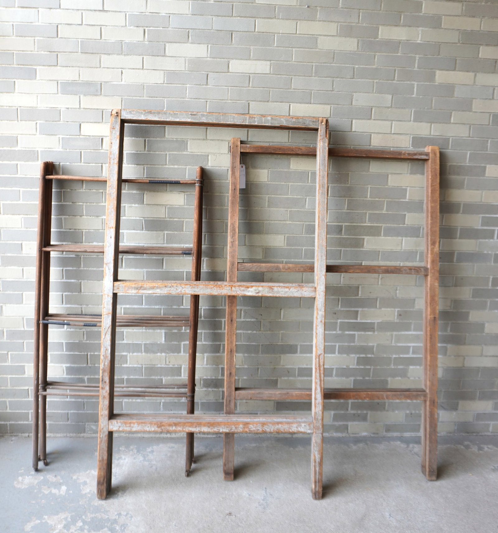 Grouping of 3 quilt racks, 19th century. The largest in original blue paint, mortise and tenon const: Grouping of 3 quilt racks, 19th century. The largest in original blue paint, mortise and tenon construction, early 19th century, and measures 41" x 71 - small loss in one corner, a repair in another c