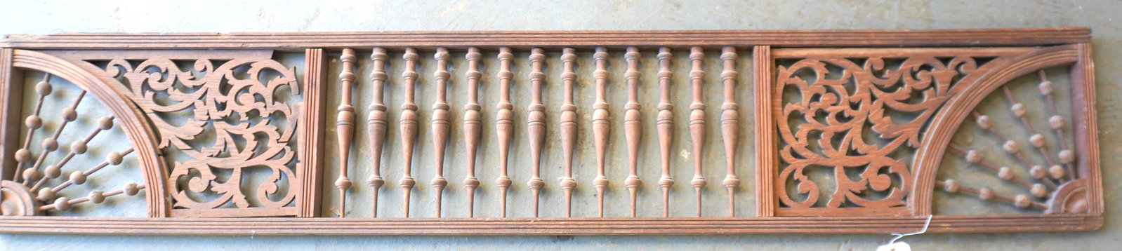 An oak architectural fretwork and stick and ball freize board panel, late 19th century. Small loss: An oak architectural fretwork and stick and ball freize board panel, late 19th century. Small loss to one fretwork panel, and some use wear and loss to corners of frame, otherwise good condtion. Measu