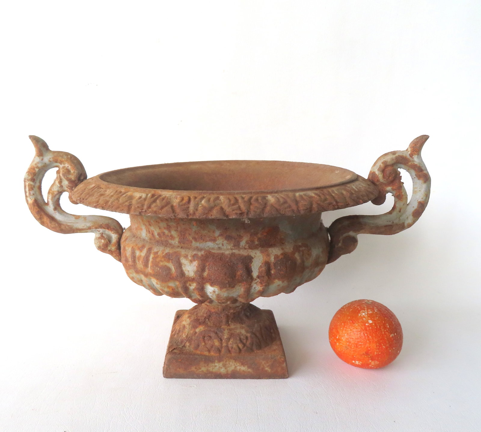 A small fancy cast iron garden urn with double handles, similar to J.W. Fiske, probably early to mid (1 of 4)