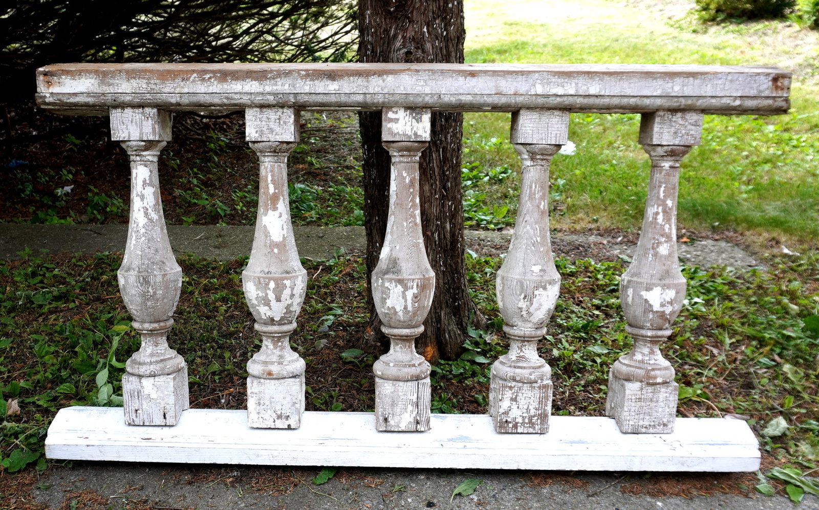 A small architectural wooden section of railing in old white paint with vasiform balisters, 19th (1 of 3)