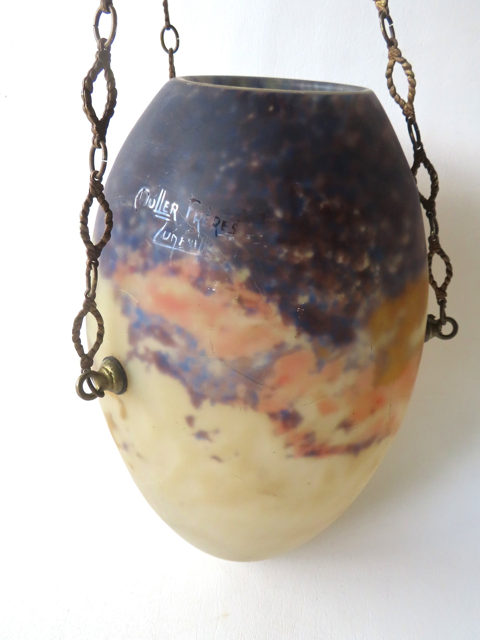 A Muller Freres inverted and hand painted art glass egg shaped ceiling fixture with the original 3 (1 of 13)