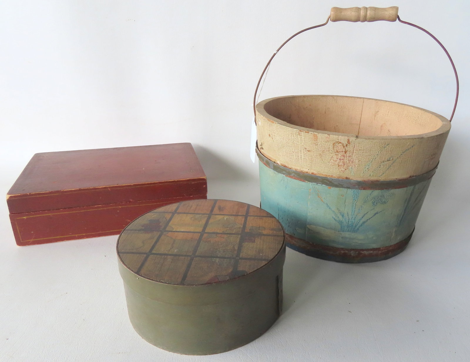Grouping of 3 country items including: A painted wooden bucket with bale handle, in original blue: Grouping of 3 country items including: A painted wooden bucket with bale handle, in original blue and white paint and decorated with flowers - measures 11 1/4" diameter x 7 3/4"H; a small hand painted