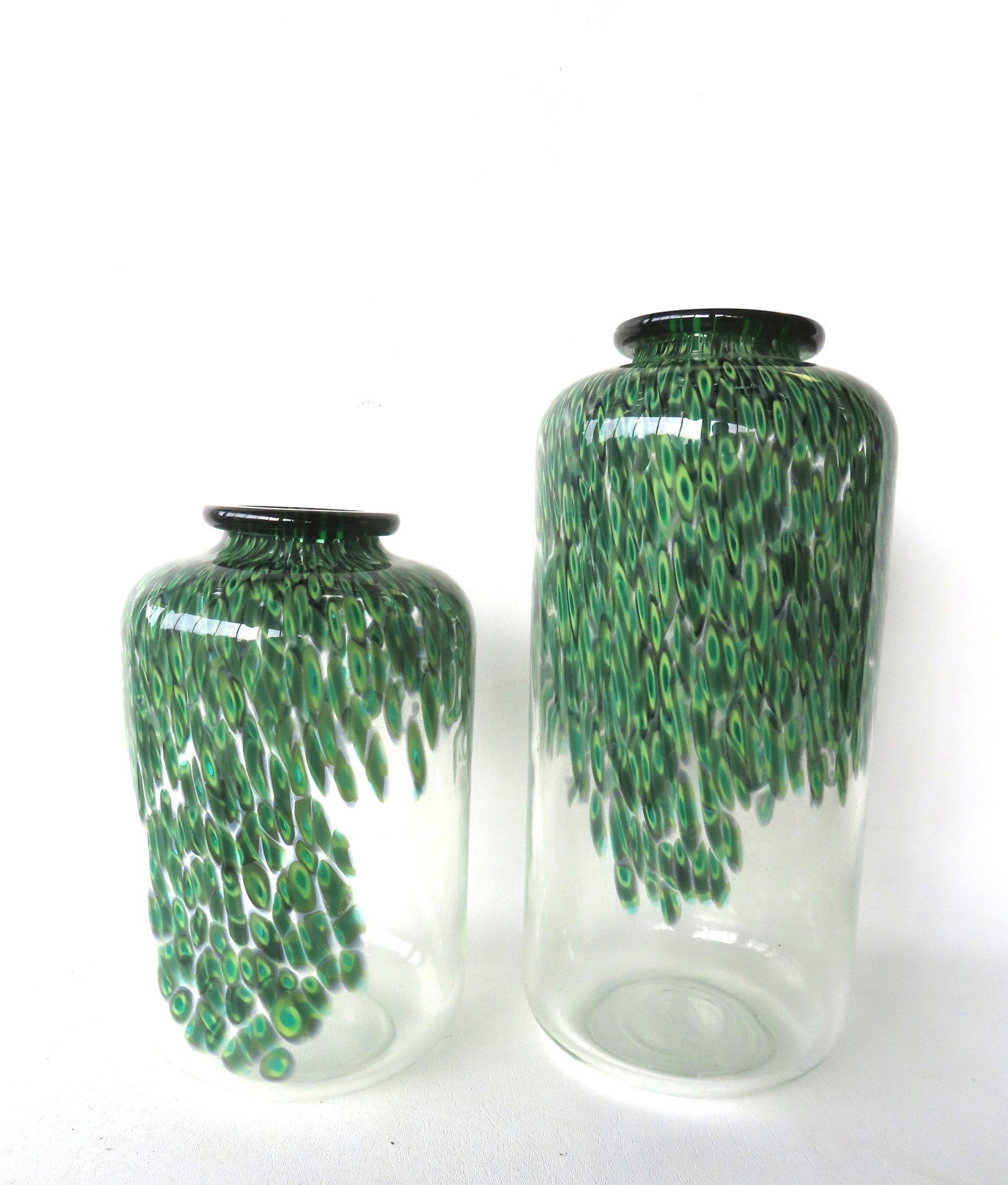 Two large modern style glass vases decorated with whisteria-like flowers (within the glass), and (1 of 7)