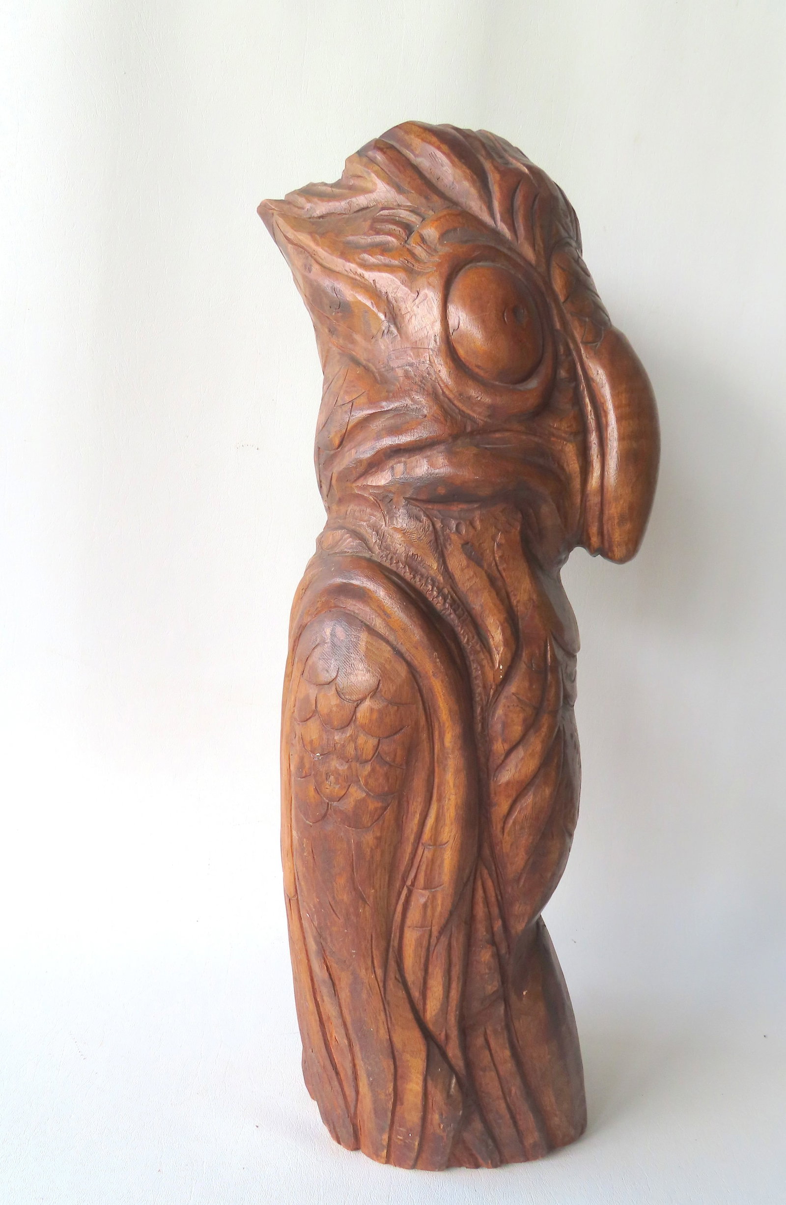 A mid century modern carved wooden parrot, probably a tourist purchase, Carribean Islands or the: A mid century modern carved wooden parrot, probably a tourist purchase, Carribean Islands or the like. Very good condition, circa 1950-70. Measures 22 3/4"H x 10 1/4"D.