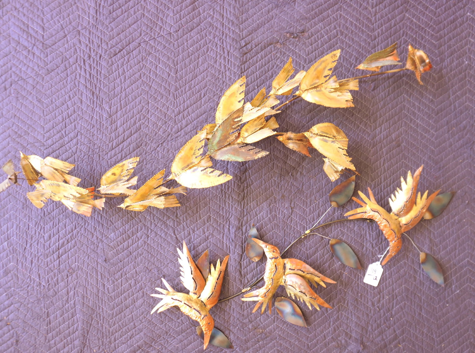 Two birds in flight metal wall sculptures, one signed C. Jere' 1968, original gilding. (1 of 16)
