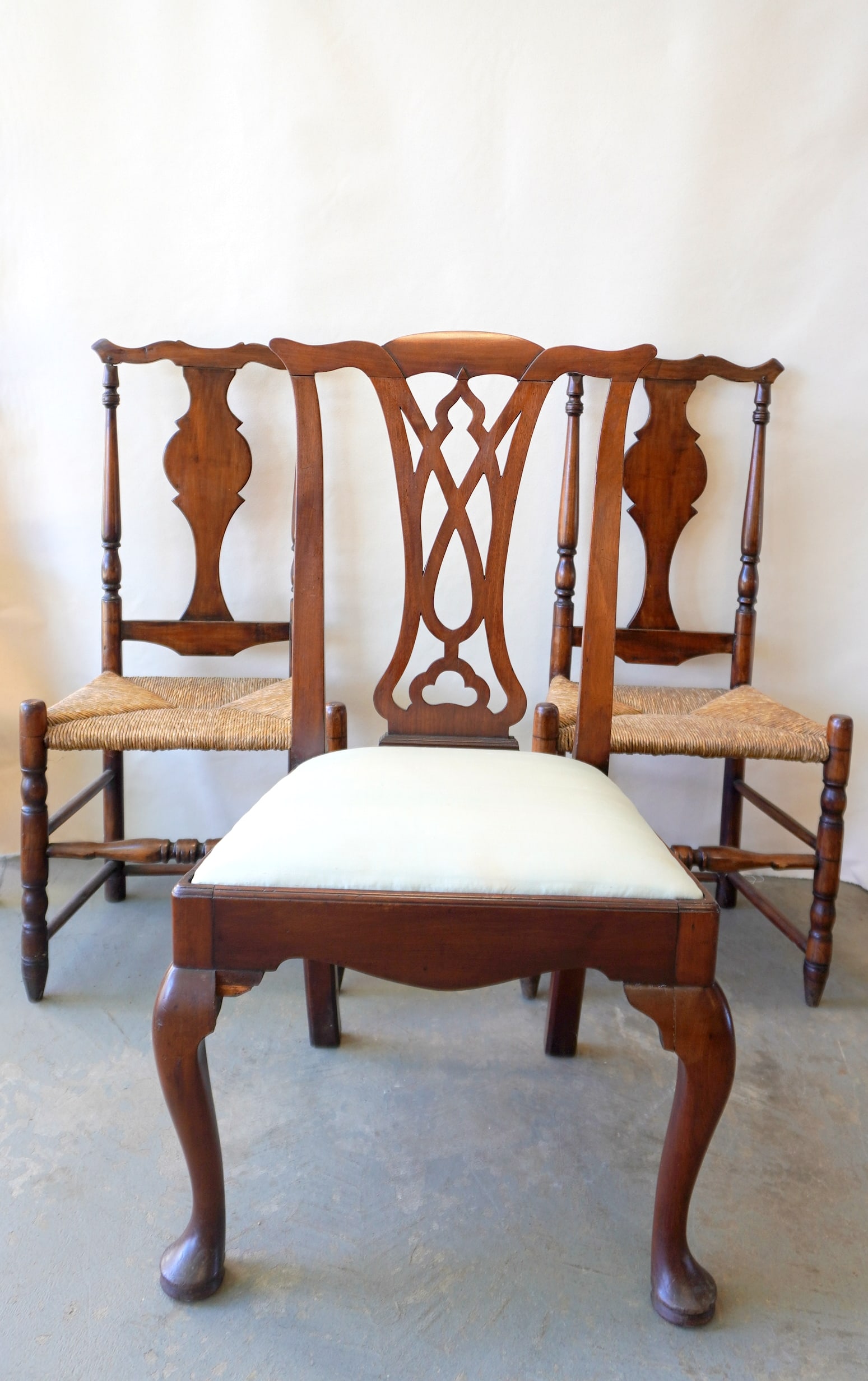 Three Federal chairs including: Two Queen Ann matching cherry side chairs with yolk back and shaped (1 of 18)