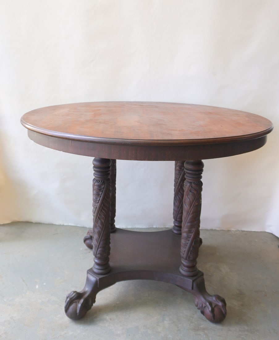 Mahogany Empire style center table with round top, probably Centennial era circa 1870-80, having 4 (1 of 12)
