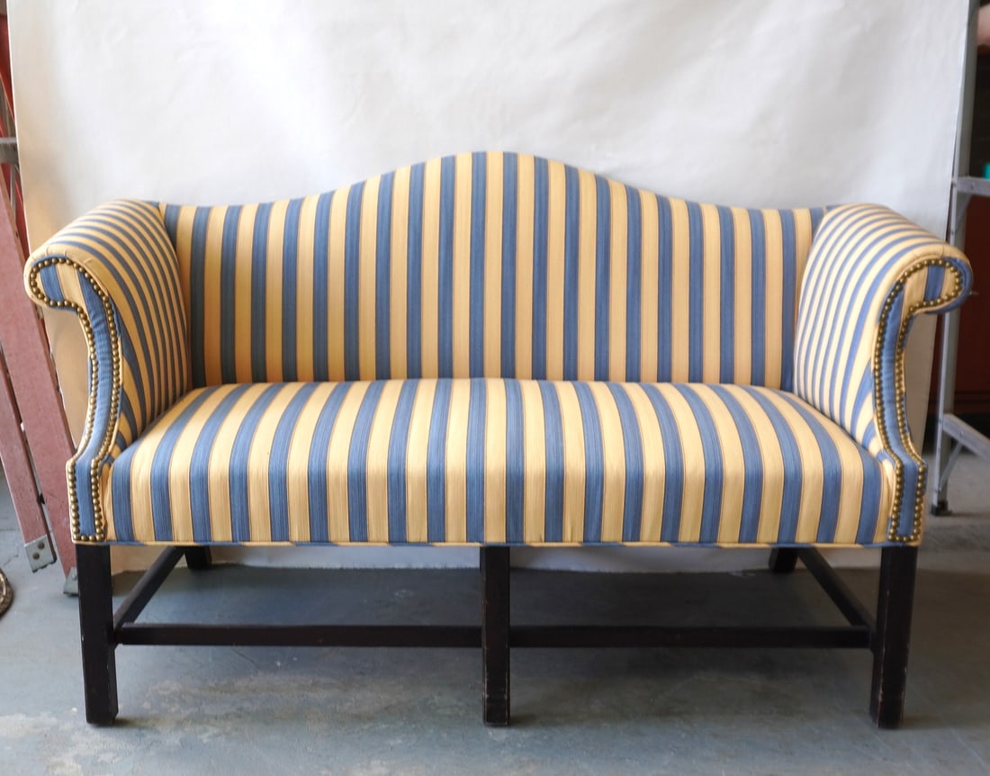 A custom made Chippendale style upholstered love seat, with beaded square legs and dovetailed cross (1 of 10)