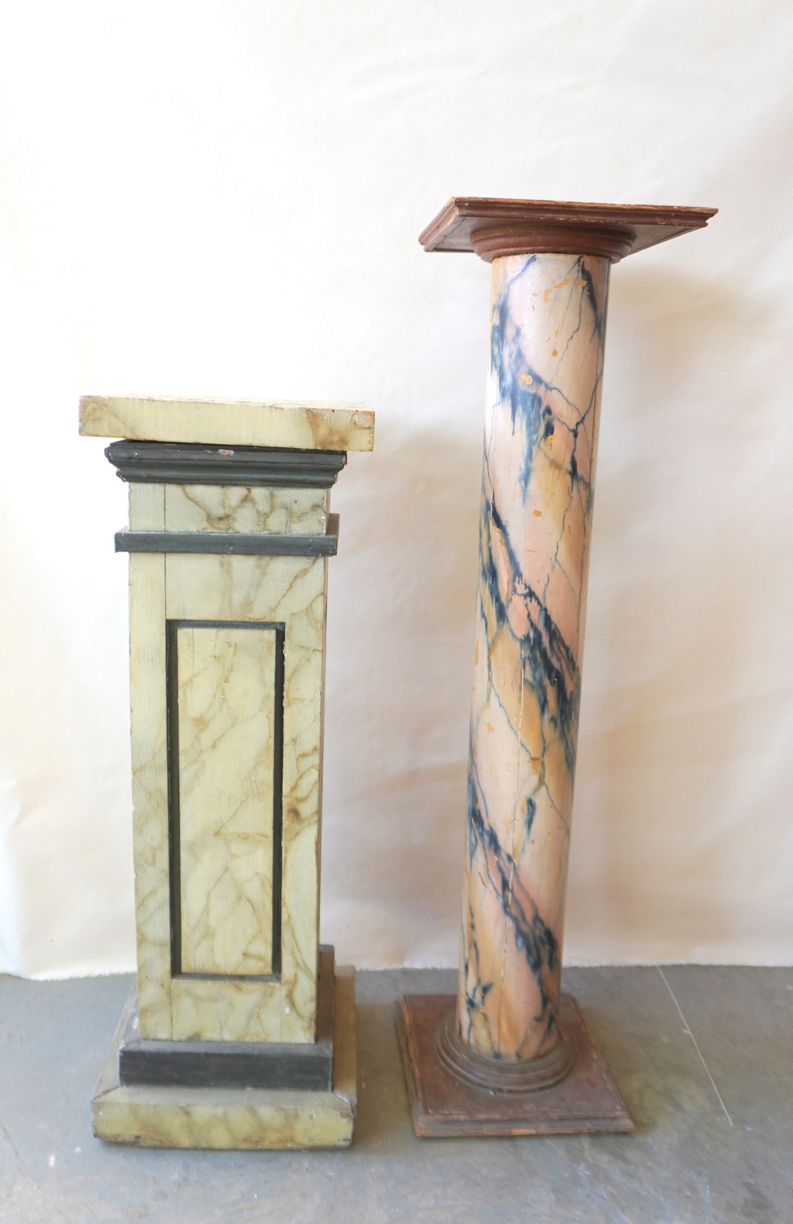 Two grain painted 19th century pedestals, one with square pedestal and top - 13" square at base x 36 (1 of 9)