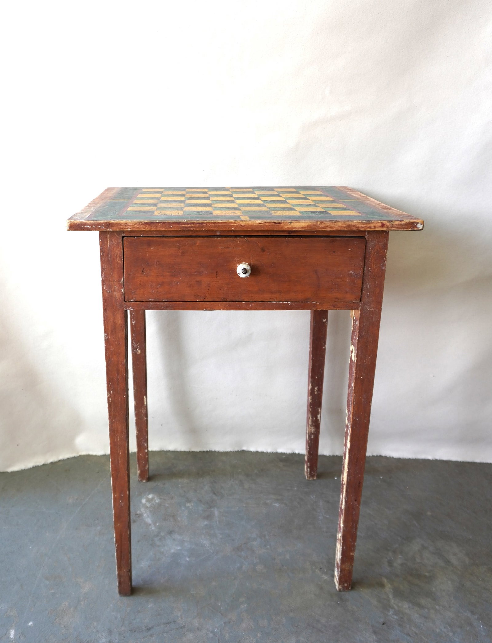 A Hepplewhite 1 drawer game table with a colorful hand painted checkerboard top on tapered legs, (1 of 6)